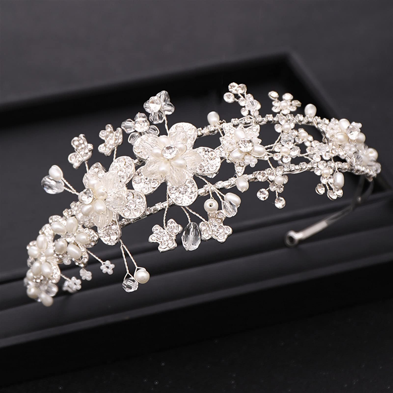 Elegant Silver Flower Wedding Tiara with Rhinestones & Pearls – Bride Hair Accessories for Princess Headband & Headdress – Perfect for Weddings, Prom, and Special Occasions
