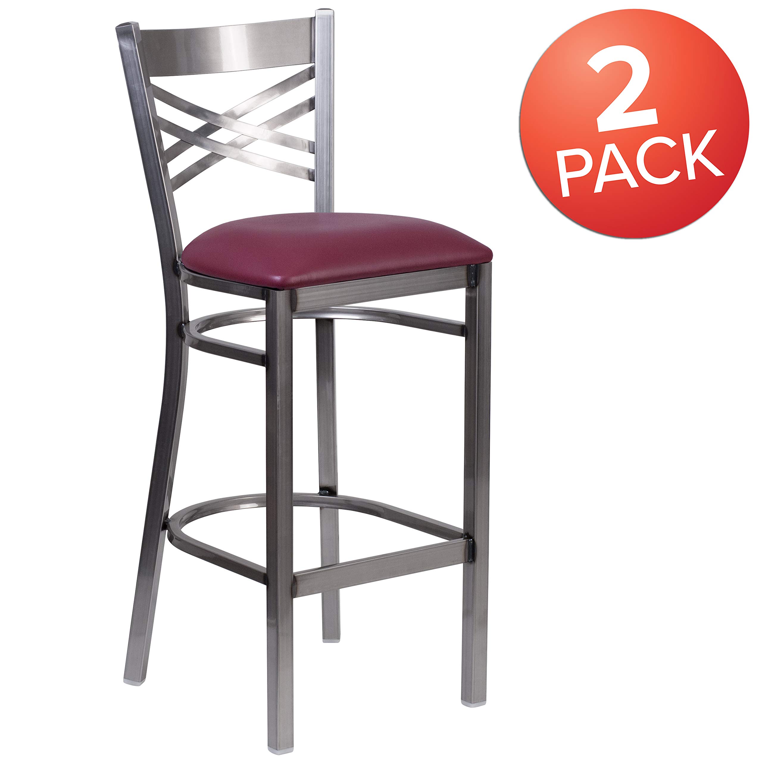 2 Pack Clear Coated X-Back Metal Bar Stools with Burgundy Vinyl Seat - Heavy Duty Counter Height Stools for Kitchen Island, Restaurant, Bar & Home Decor