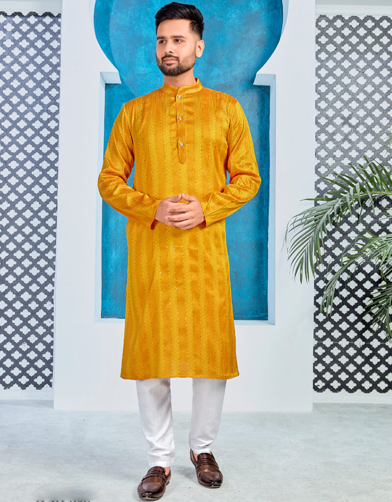 Elegant Bee Yellow Kurta with Heavy Jacquard Silk Pants - Traditional Indian Outfit for Festivals & Weddings