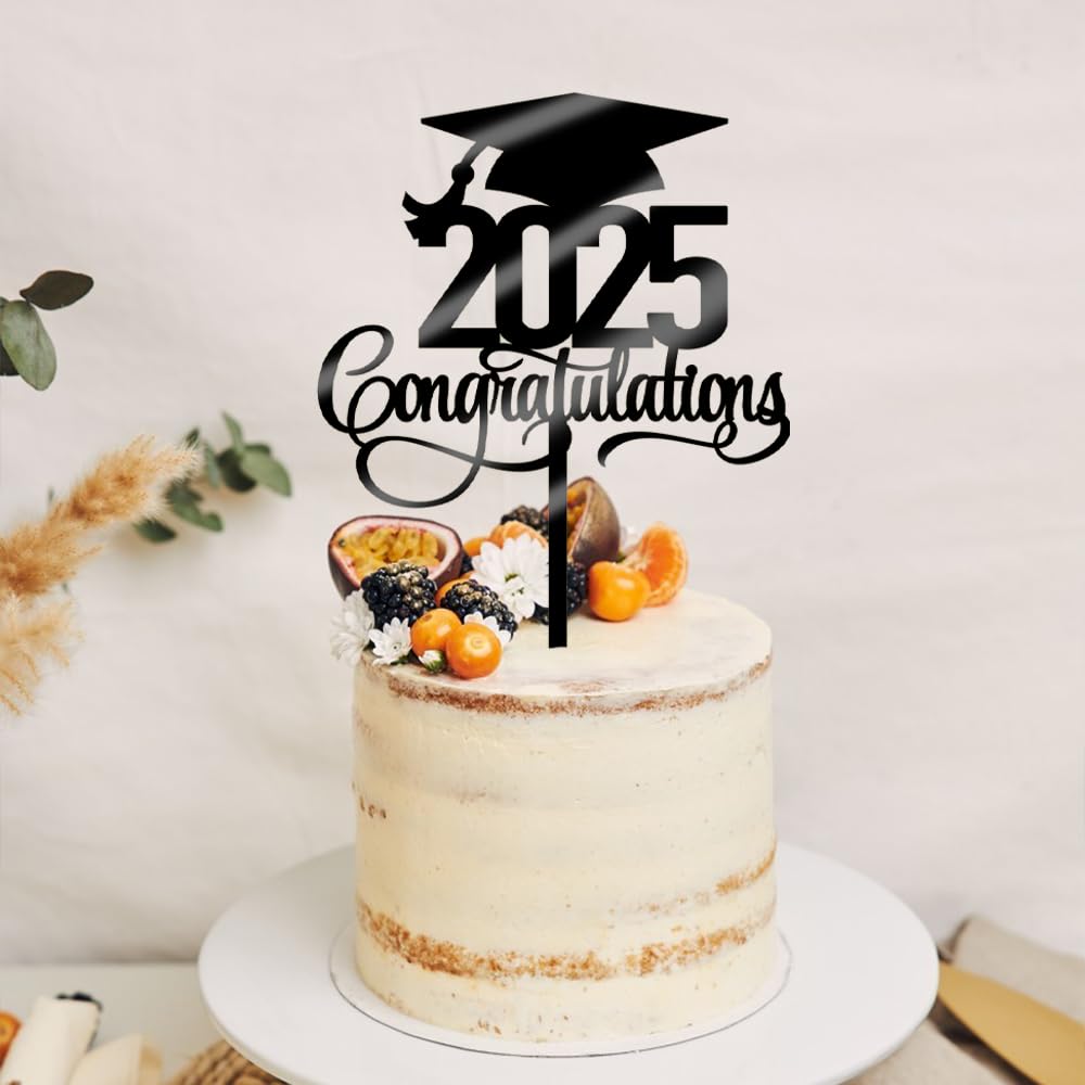 2025 Graduation Cake Topper - Acrylic Black Congratulations Grad Decor for High School & College Graduation Parties - Perfect for Graduation Cakes, Cupcakes & Dessert Tables - Class of 2025 Graduation Decorations