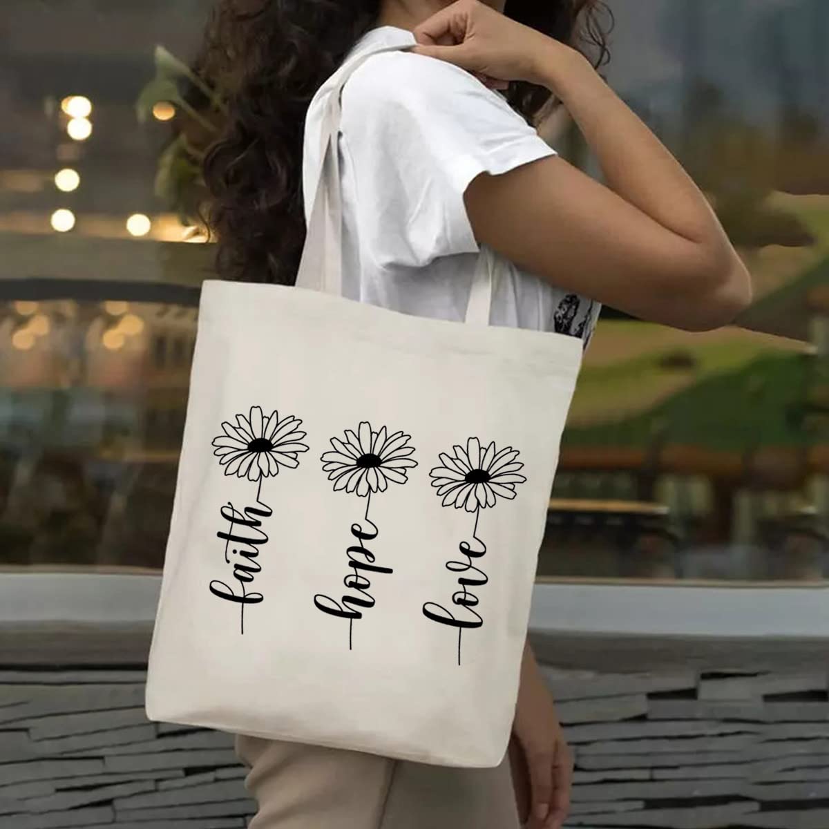SAUIVD Faith Hope Love Eco-Friendly Tote Bag - Daisy Floral Christian Reusable Canvas Grocery Shopping Bag - Perfect for Church, Bible Study & Daily Errands
