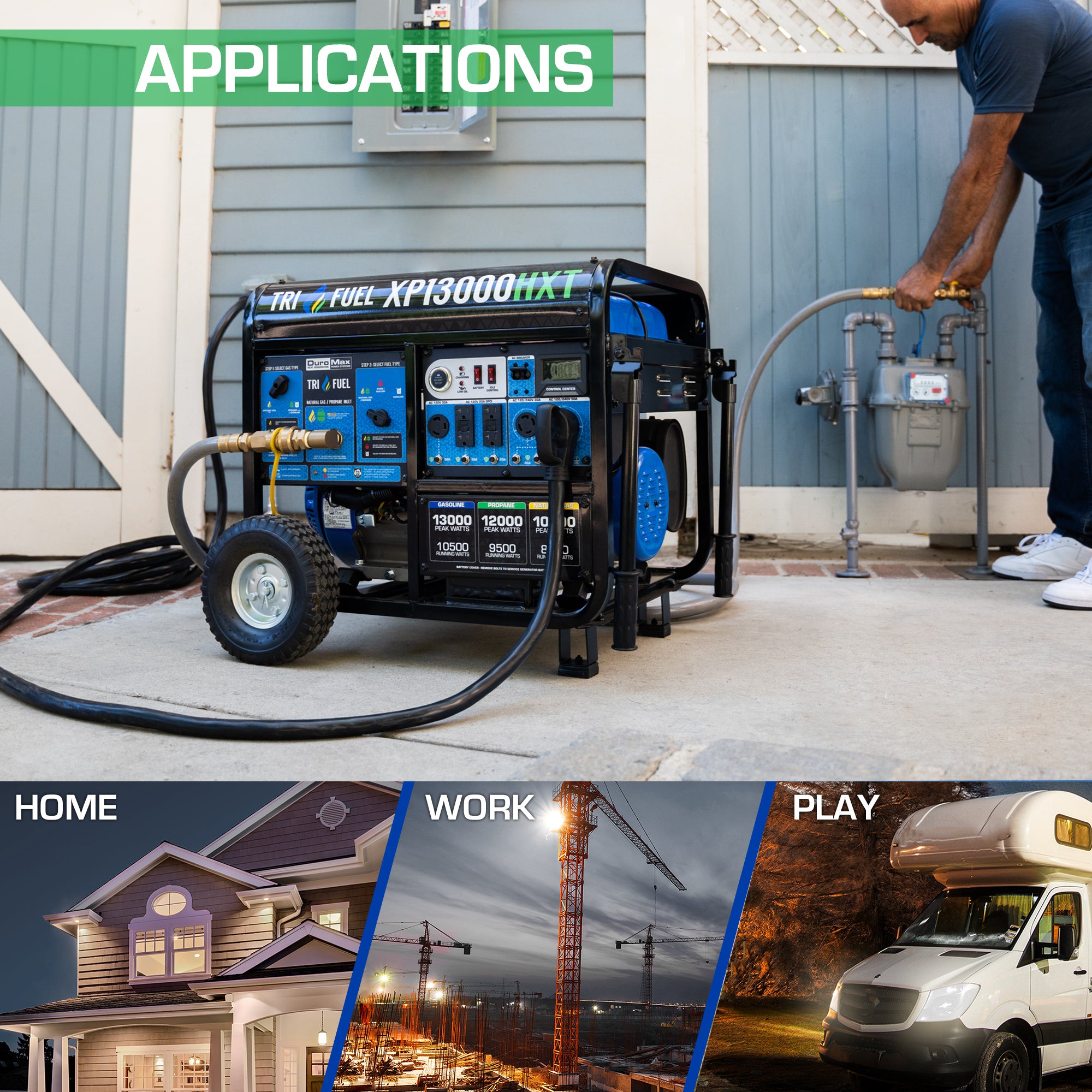 DuroMax XP13000HXT 10500W/13000W Tri-Fuel Portable Generator - Gasoline/Propane/Natural Gas with CO Alert & Remote Start - Perfect for Home Backup Power, Camping & Emergency Use
