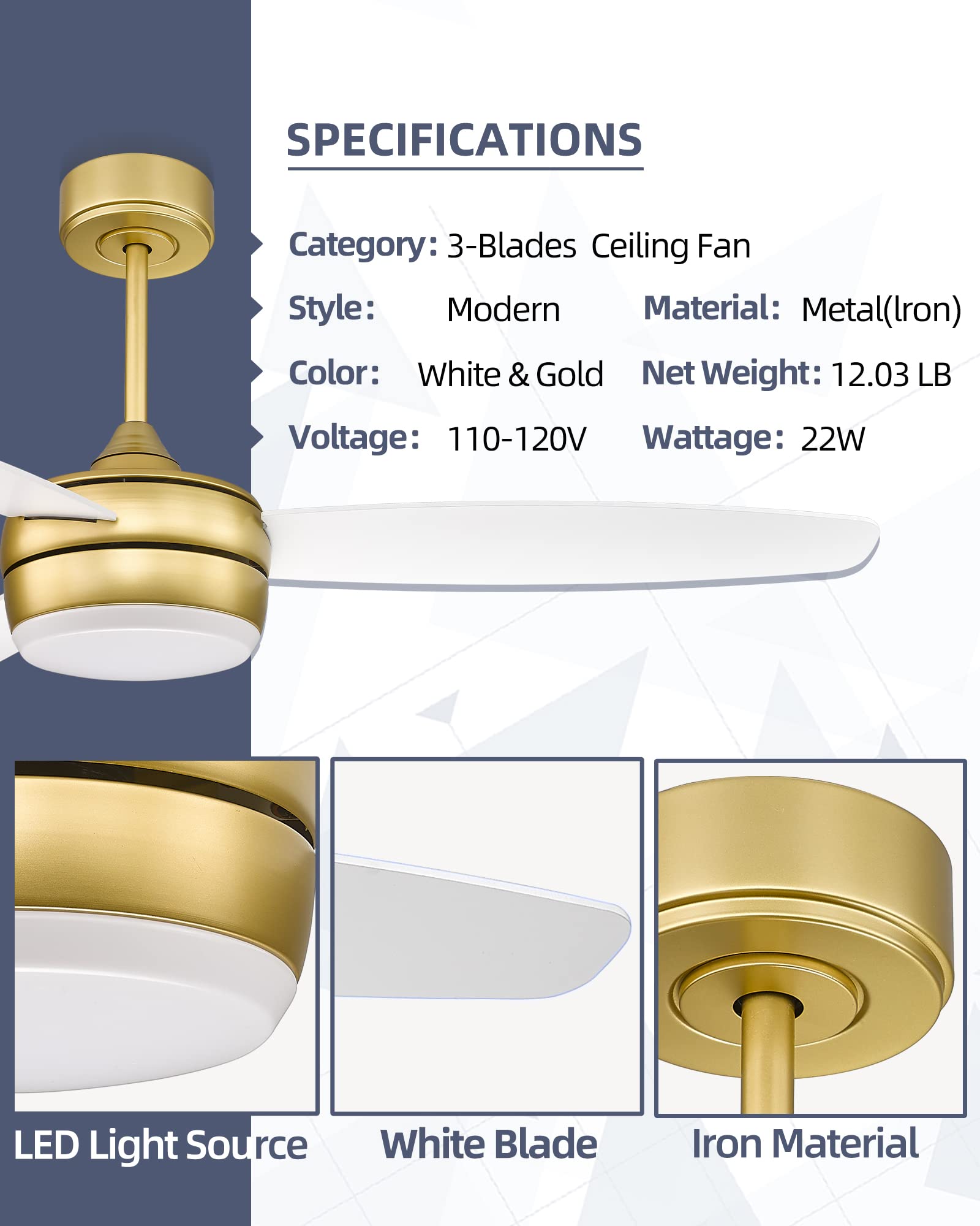 52 Inch Modern Gold Ceiling Fan with LED Light & Remote Control - 3 White Blades for Living Room, Bedroom, Bathroom - YOUKAIN 52-YJ273-WH - Perfect for Home, Office & Indoor Spaces