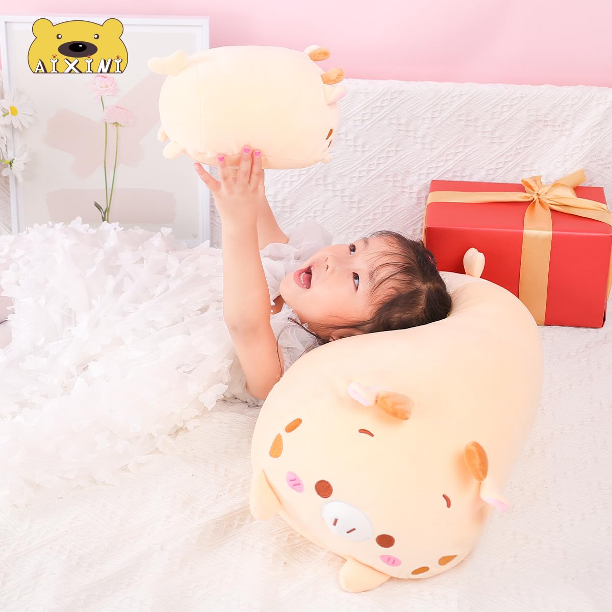 AIXINI 23.6 Inch Soft Plush Deer Stuffed Animal - Cylindrical Body Pillow for Kids & Adults | Super Cute Cartoon Hugging Toy Gift for Christmas, Birthday & Home Decor
