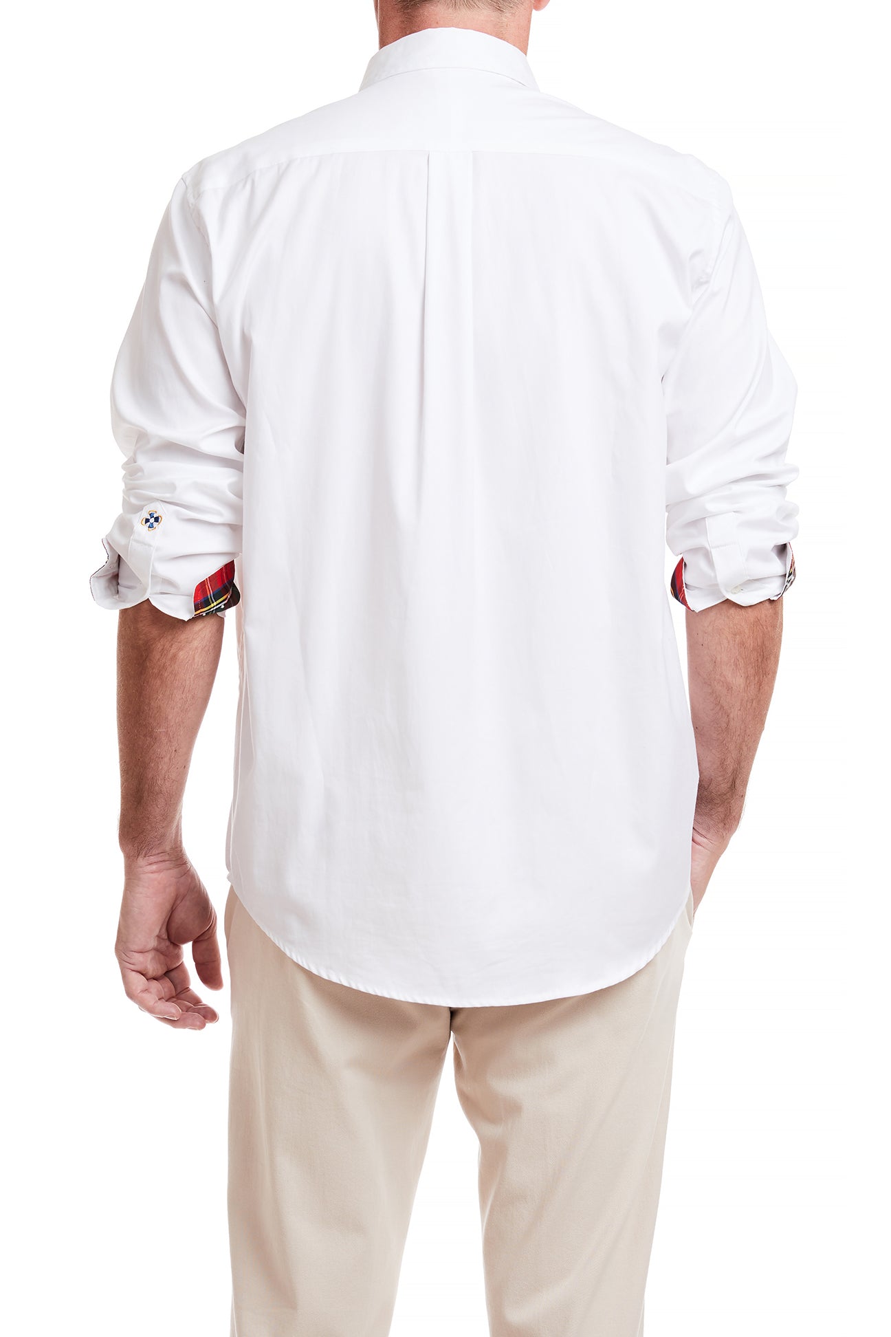 Men's White Oxford Shirt with Royal Stewart Tartan Trim - Classic Button Down Dress Shirt for Business Casual & Formal Occasions