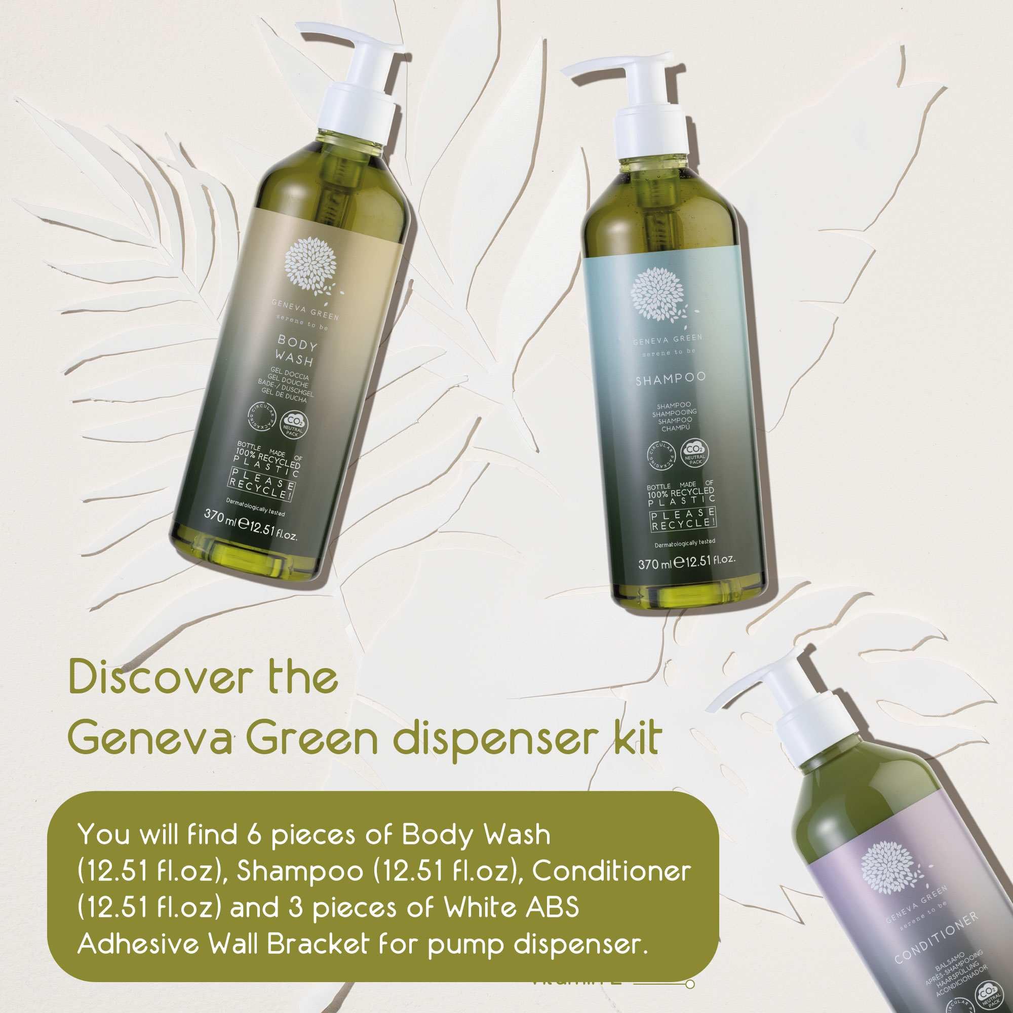 6-Pack Body & Hair Care Kit - Organic Body Wash, Moisturizing Shampoo & Conditioner (16.23 fl.oz Each) - Eco-Friendly Sustainable Packaging, Made in Italy - Includes 3 Free Wall Mount Brackets - Perfect for Home, Gym & Travel Use
