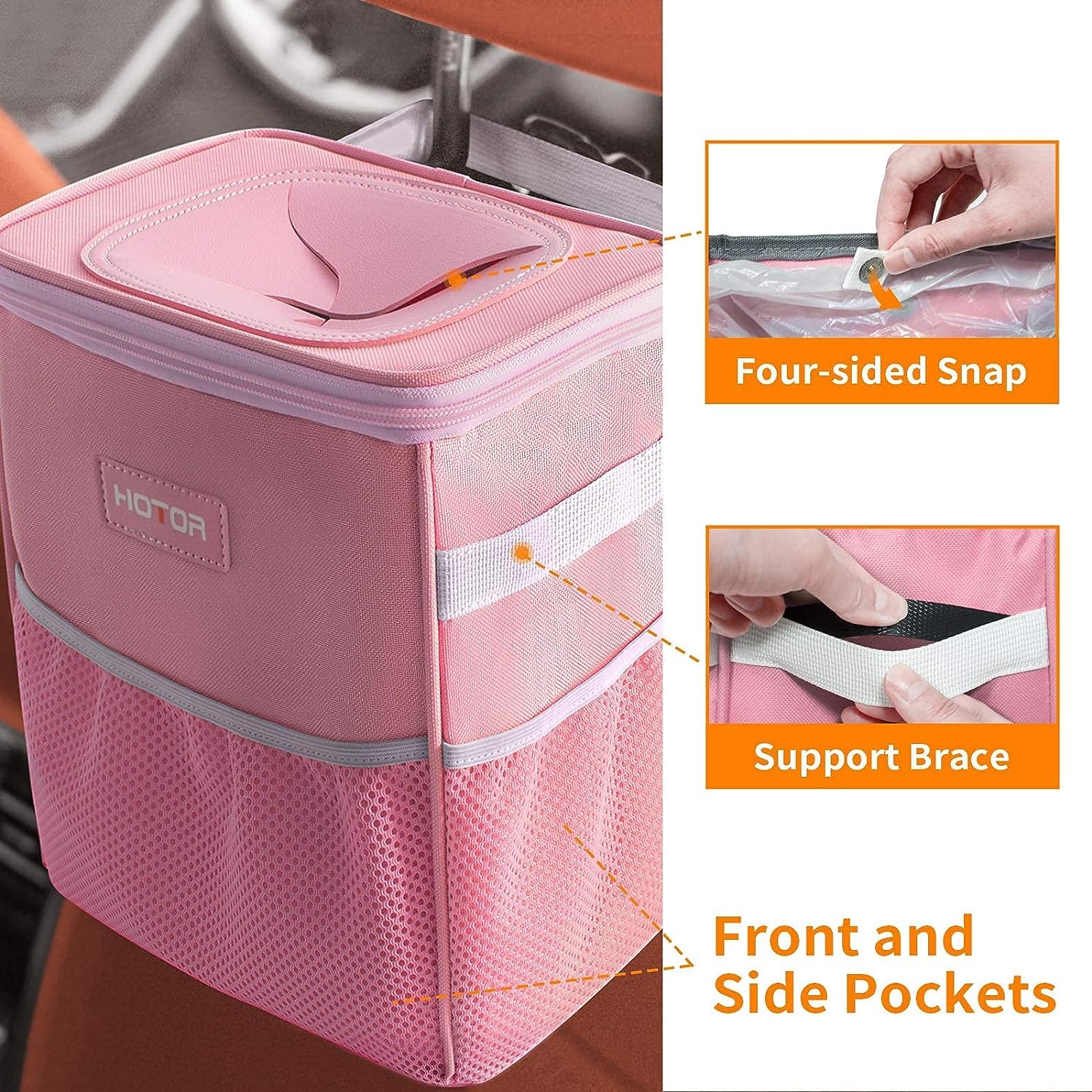 HOTOR 2 Gallon Car Trash Can with Lid - Leak-Proof Waterproof Garbage Bin with Storage Pockets | Multi-Purpose Vehicle Organizer for Road Trips, Commuting & Family Travel (Pink)