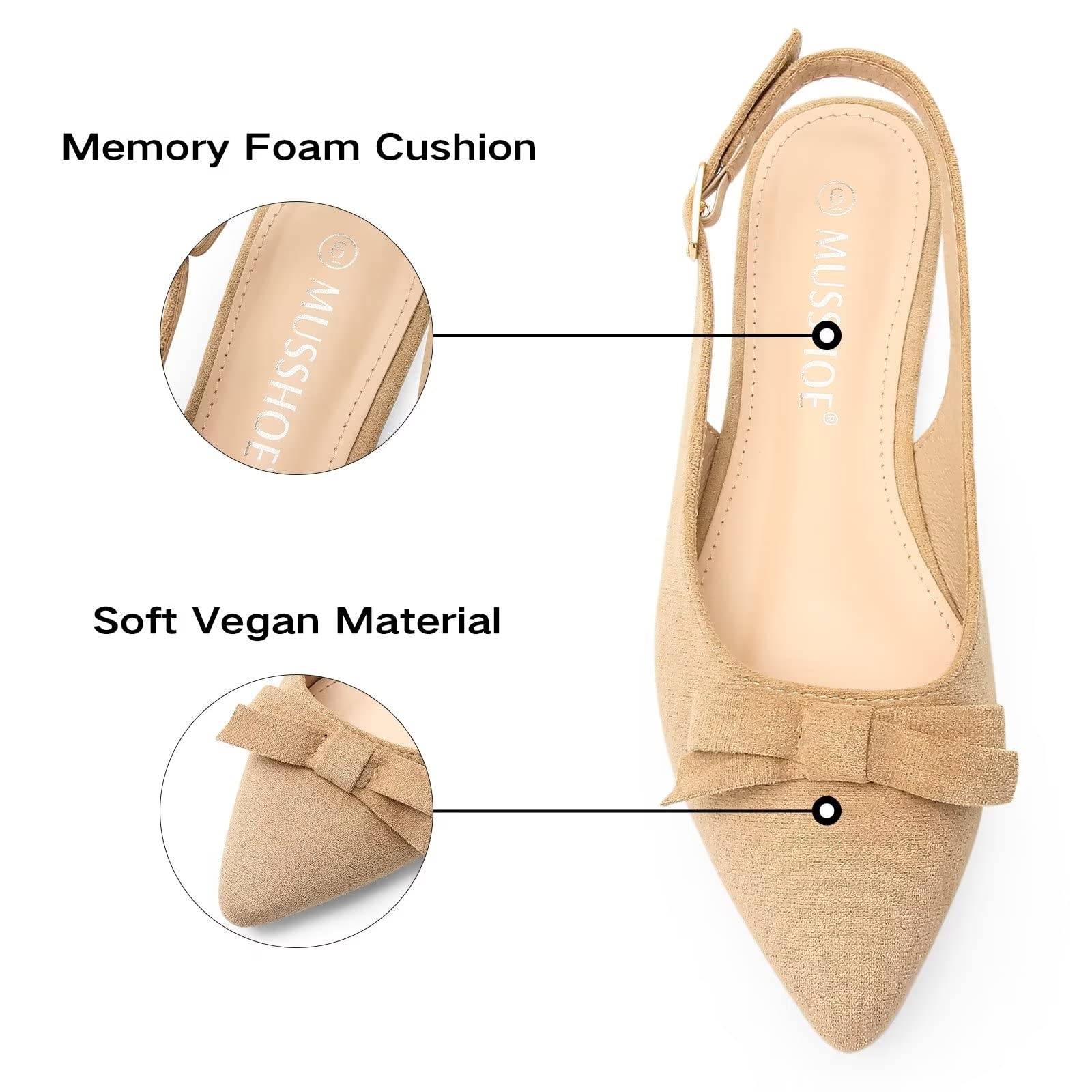 MUSSHOE Women's Pointed Toe Slingback Flats - Comfortable Dressy Summer Shoes for Women, Beige Size 9 | Perfect for Office, Weddings & Casual Outings