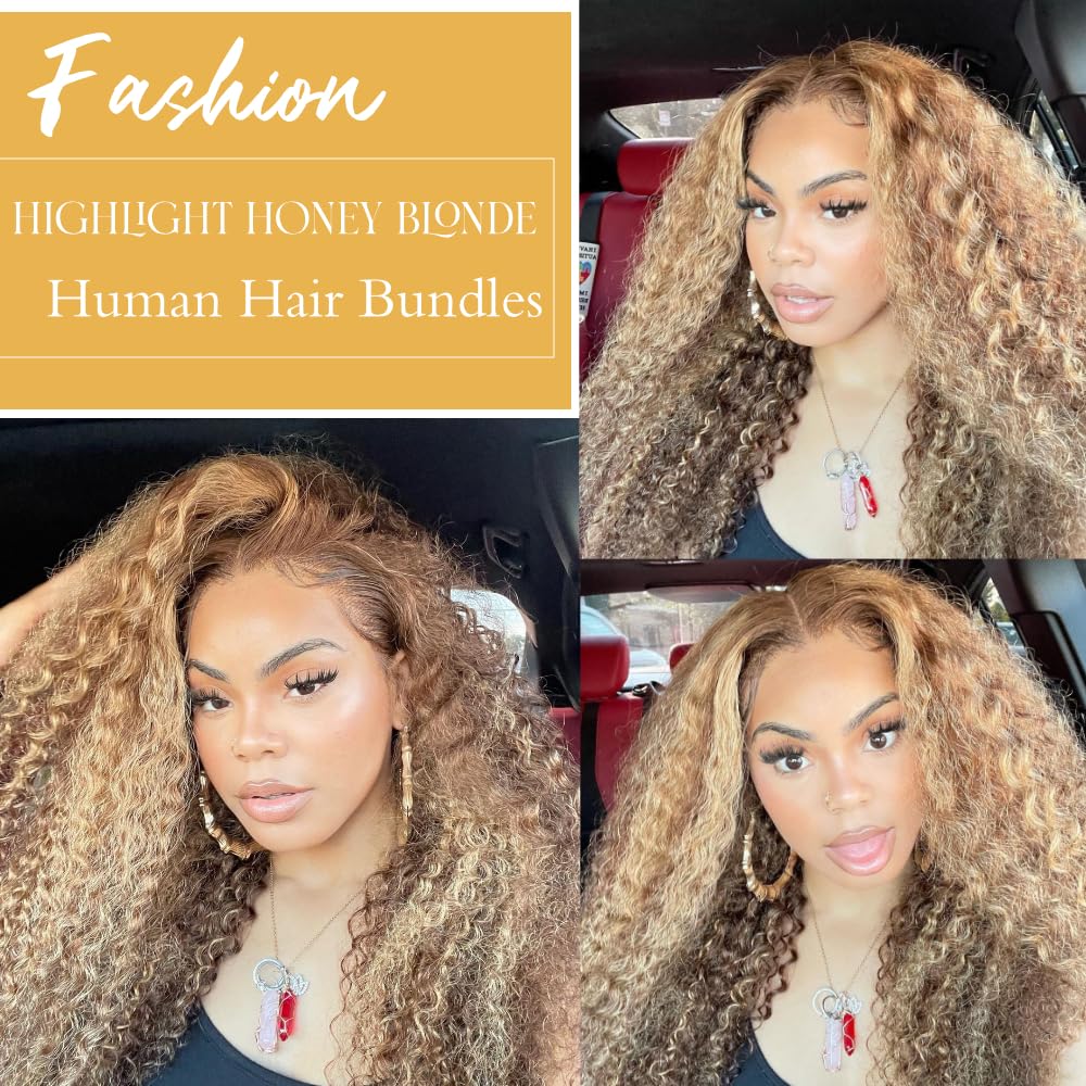 Julia Hair Highlight Honey Blonde 12A Brazilian Curly Human Hair Weave Extensions - 3 Bundles (14/16/18 Inch) for Sew-in, Jerry Curly Style - Perfect for Daily Wear, Parties & Special Occasions