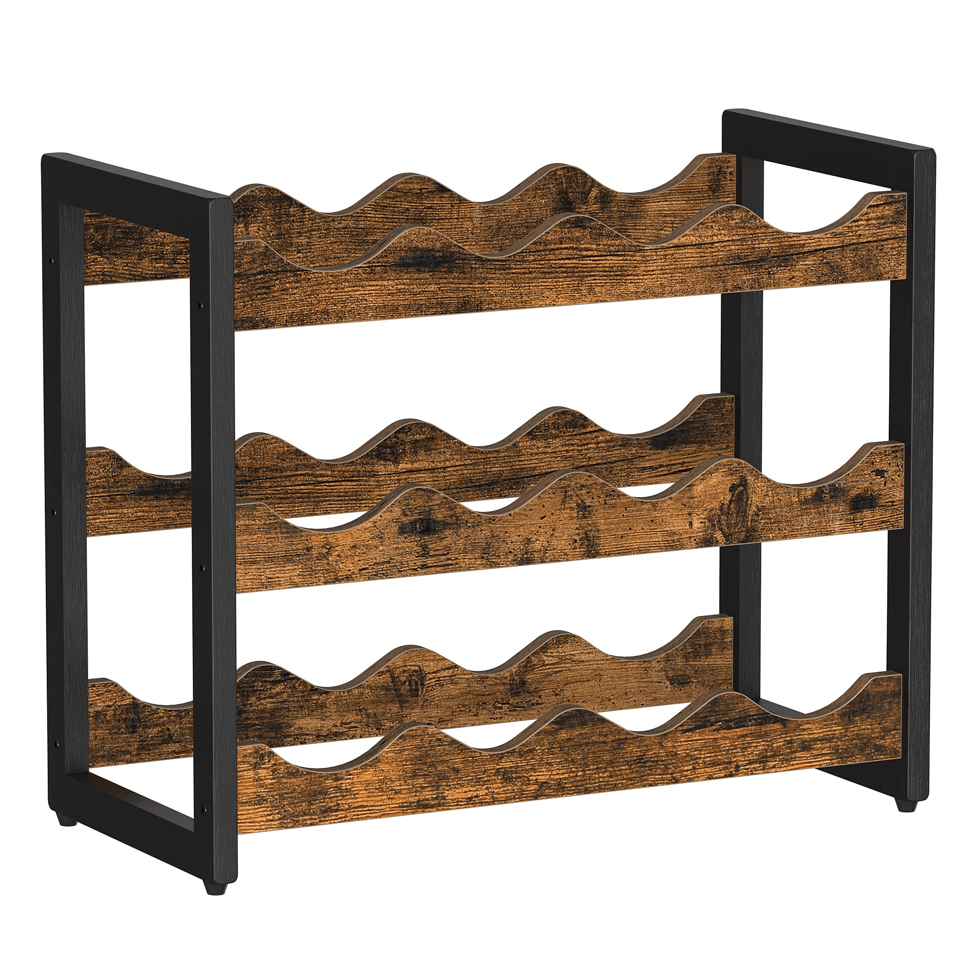 SONGMICS 3-Tier Bamboo Wine Rack - Holds 12 Bottles, Tabletop Wine & Water Bottle Organizer for Kitchen, Bar, Pantry - Rustic Brown & Black Countertop Storage Shelf for Home & Office Use