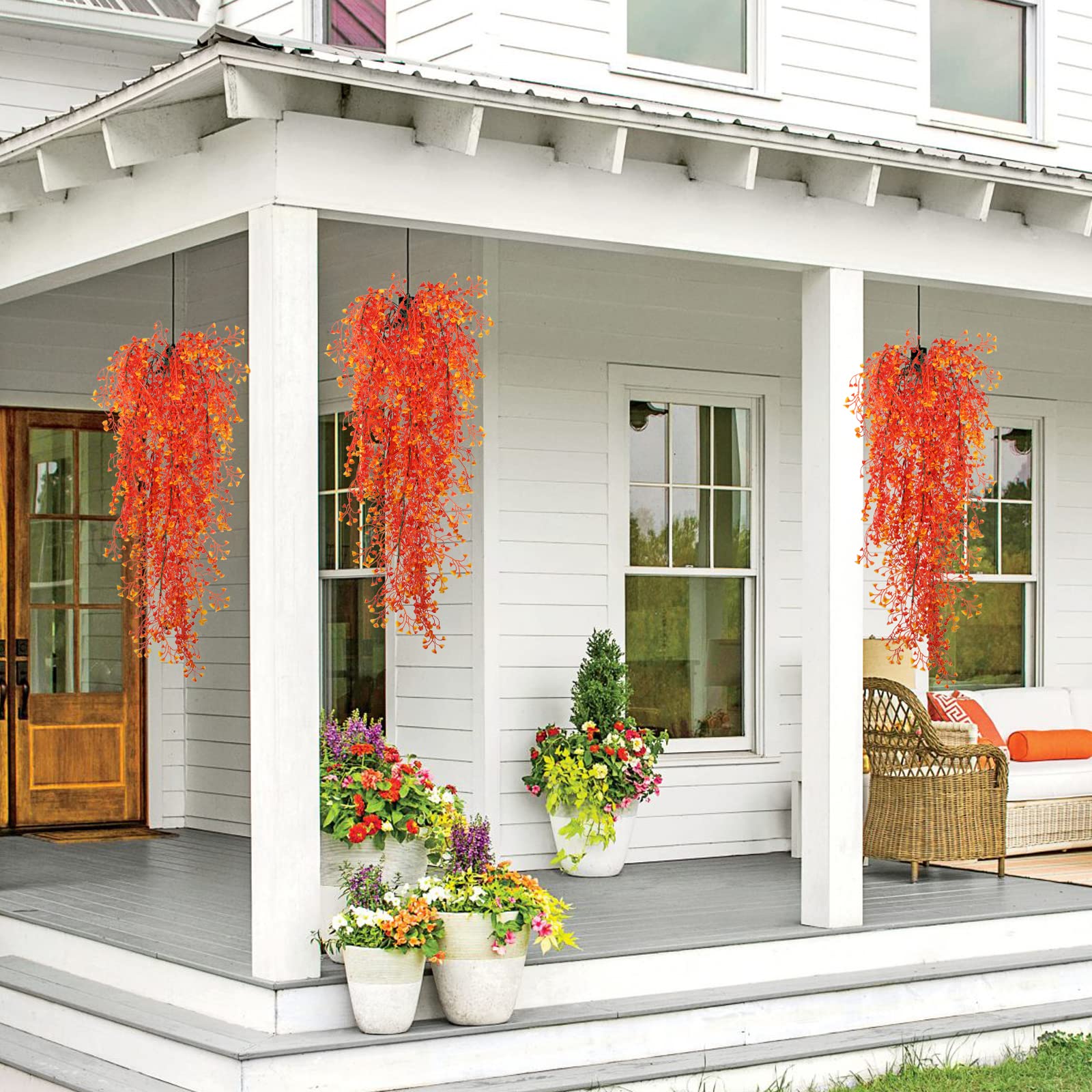 RECUTMS 4PCS Artificial Fall Hanging Plants - Large Faux Autumn Vines for Wall Decor, Thanksgiving & Wedding Party (Orange) | Indoor/Outdoor Home & Garden Decoration