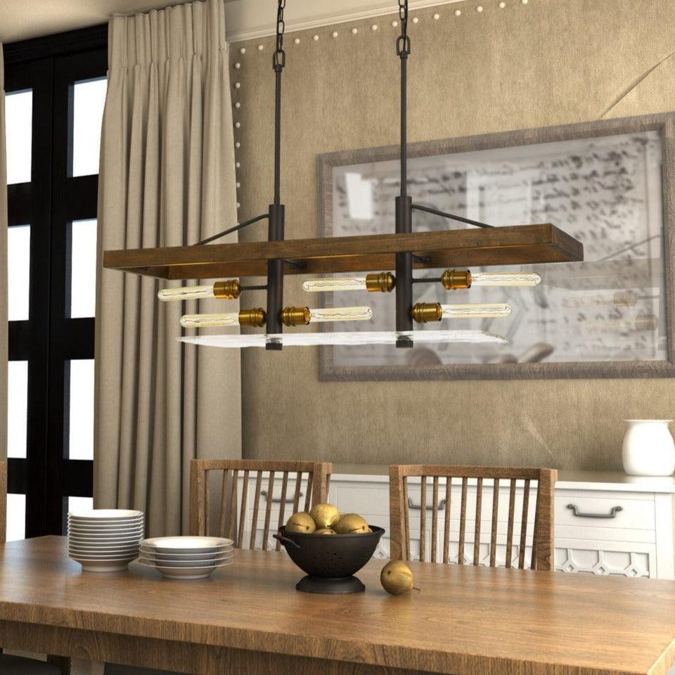 Handcrafted 60W x 6 Pine Wood Island Chandelier with Artisan Glass - Rustic Dining Room Lighting for Kitchen, Farmhouse & Restaurant Decor