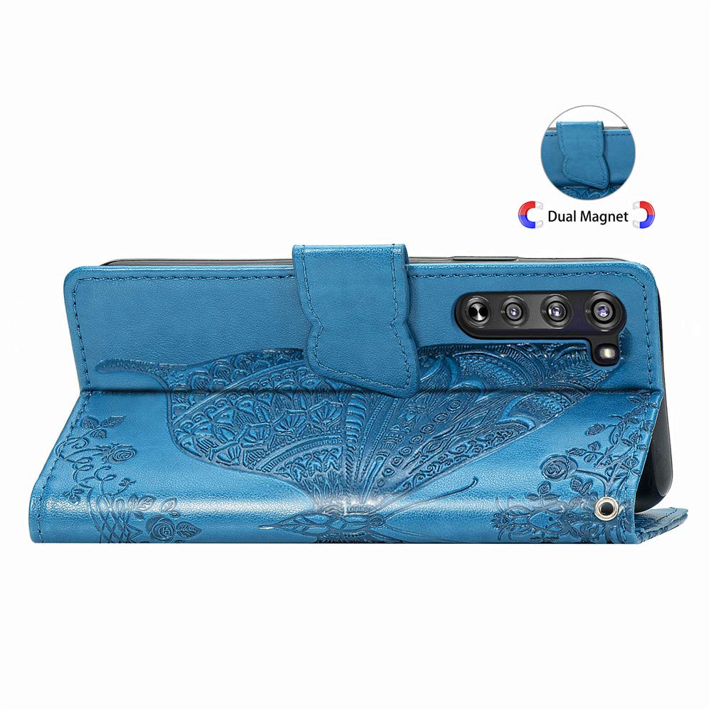 Premium PU Leather Flip Wallet Case for Motorola Moto Edge - Butterfly Embossed Design with Full Body Protection, Card Holder & Magnetic Cover (Big Butterfly Blue) - Perfect for Work, Travel & Everyday Use