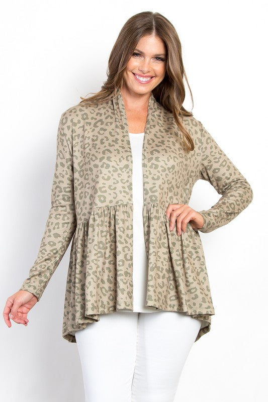 Be Stage Women's Full Size Peplum Leopard Print Open Front Long Sleeve Cardigan Sweater - Perfect for Office Wear, Date Night & Fall Layering