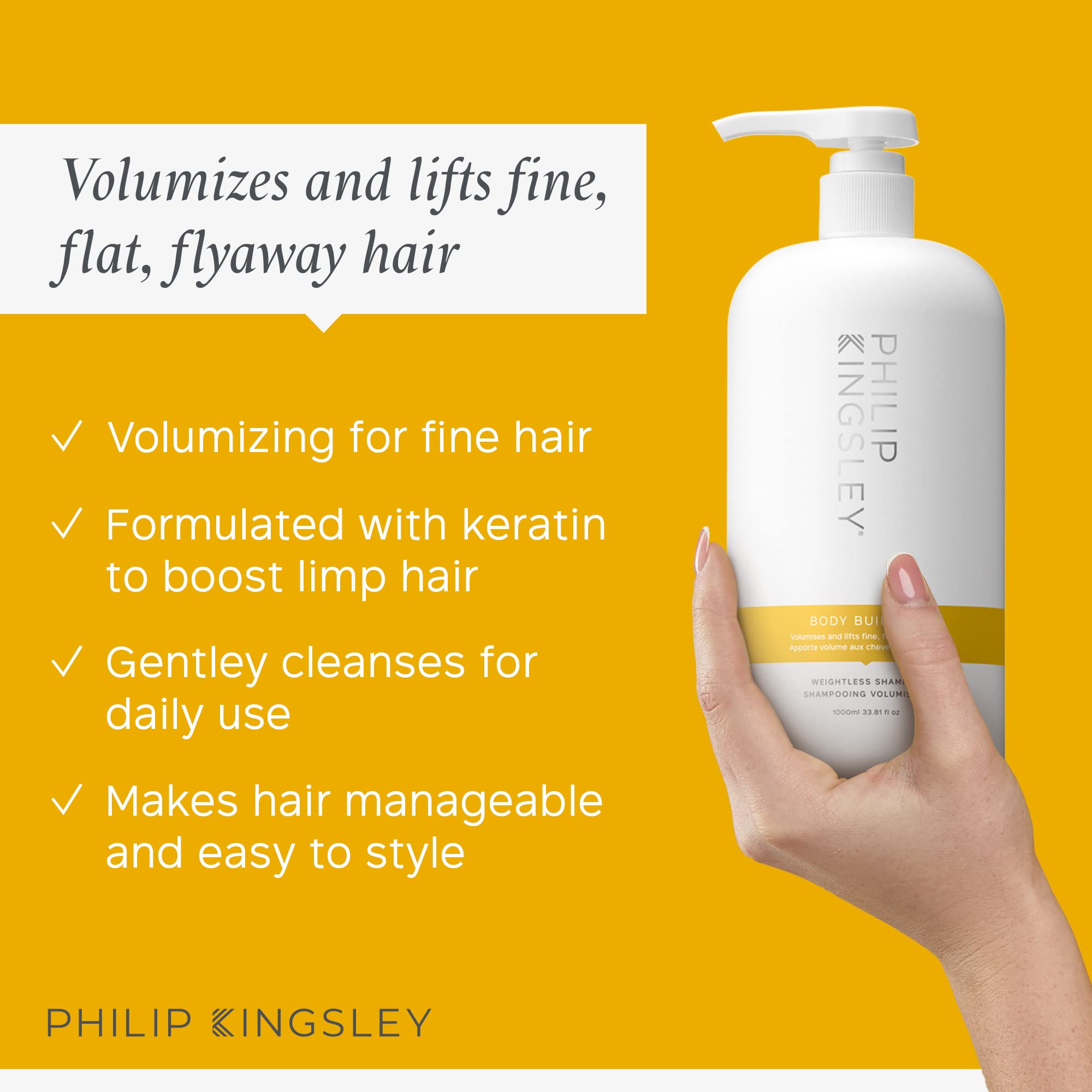 PHILIP KINGSLEY Body Building Weightless Shampoo - Volumizing Shampoo for Fine, Limp & Flat Hair | Hydrating & Thickening Formula Adds Volume & Shine | 33.8oz Bottle | Perfect for Daily Use & Special Occasions