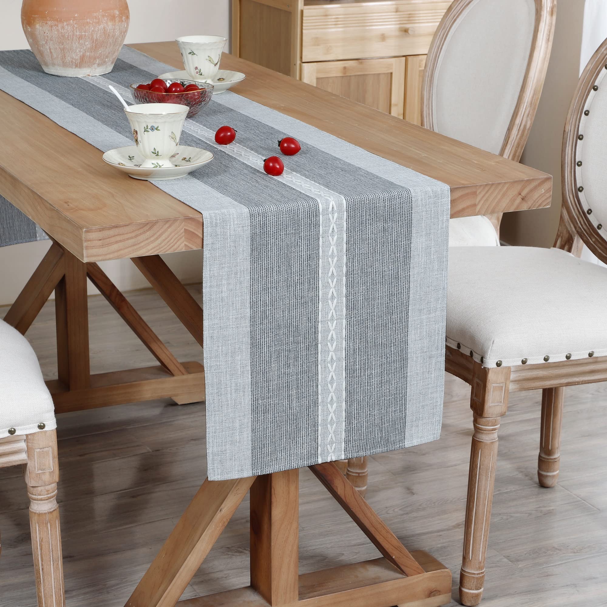 Farmhouse Braided Striped Table Runner - Rustic Embroidery Coffee Table Decor for Weddings, Holidays & Home (Grey, 13x60 Inch) - Perfect for Dining Tables, Centerpieces & Seasonal Decorations
