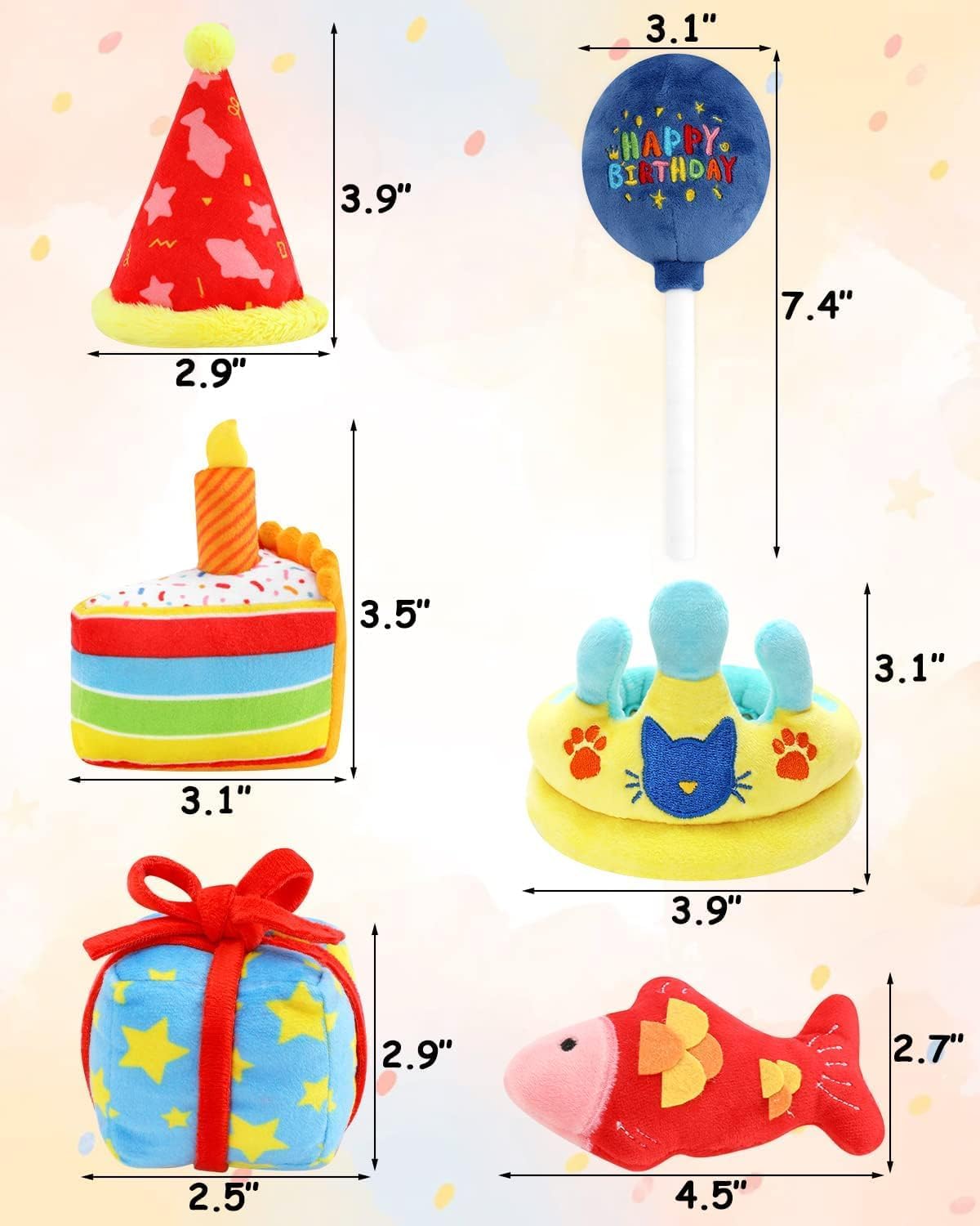 CIYVOLYEEN 6PCS Catnip Toys for Cats - Birthday Themed Interactive Kitten Toys with Plush Fish, Cake & Crown - Perfect Cat Litten Gift for Cat Lovers | Great for Playtime, Chewing & Kicking Fun