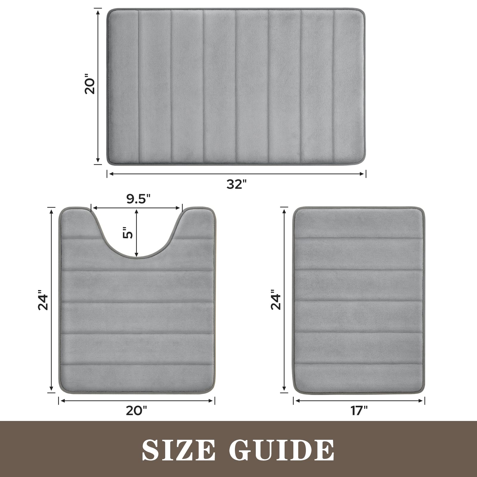BYSURE Grey Memory Foam Bathroom Rug Set - 3 Piece Non-Slip, Super Soft & Absorbent Bath Mats - Machine Washable Toilet Mats for Bathroom Floor - Perfect for Bathrooms, Showers & Vanity Areas