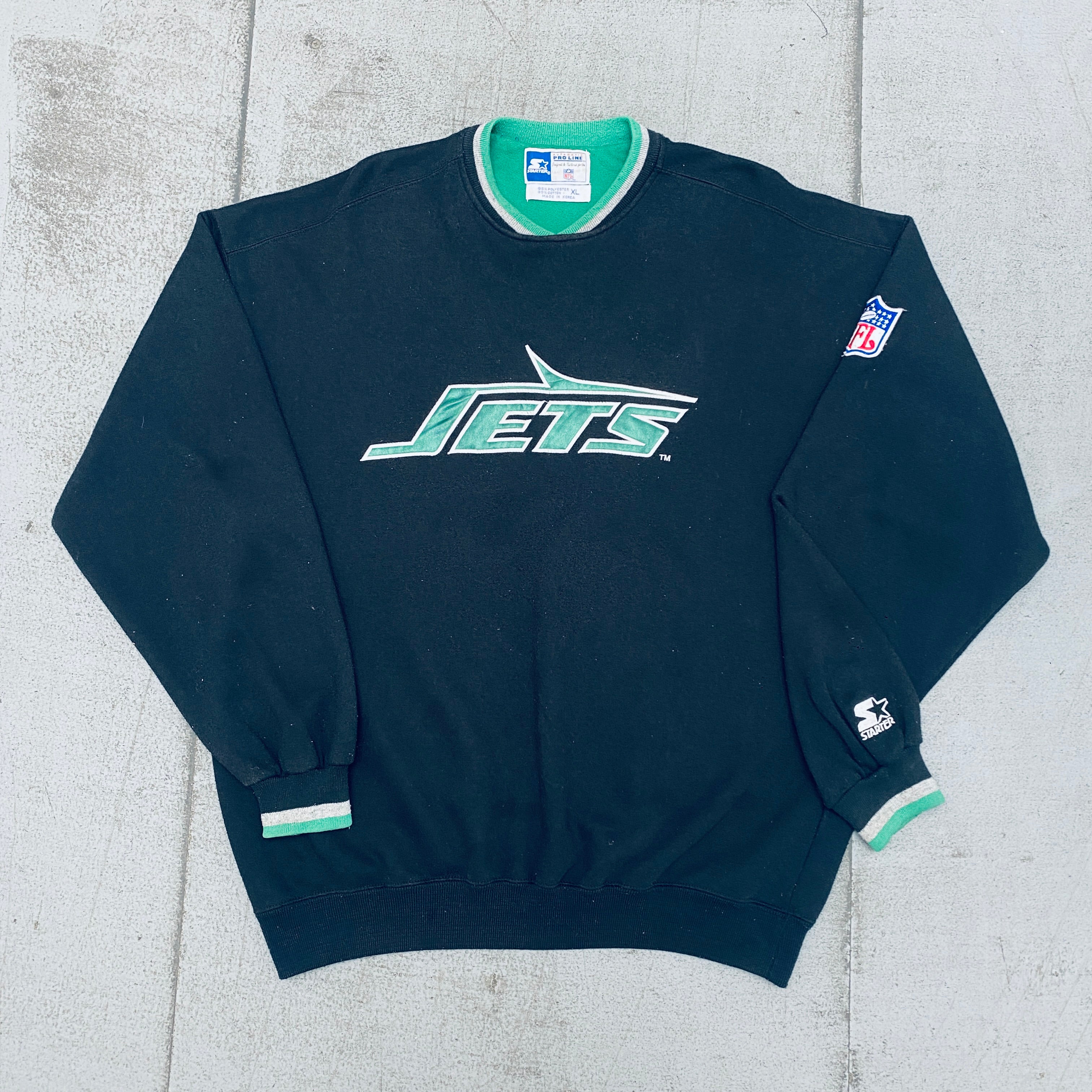 New York Jets 1990s Blackout Embroidered Logo Proline Starter Sweatshirt - XL Size Vintage NFL Football Fan Apparel for Game Day & Casual Wear