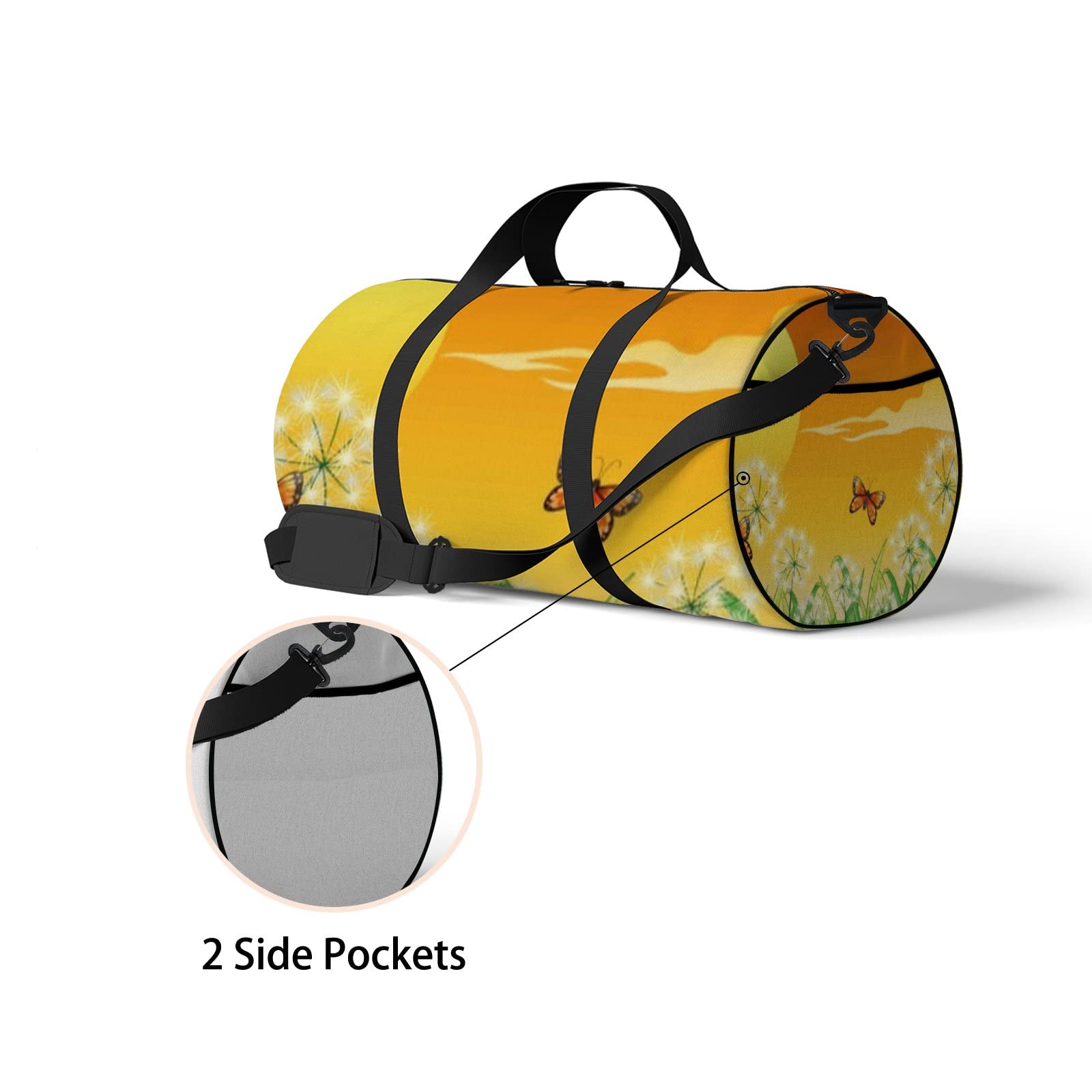 Orange Sunset Butterfly & Dandelion Waterproof Gym Tote Bag with Shoulder Strap & Zipper Pockets - Unisex Sports Bag for Travel, Workout & Storage | Perfect for Gym, Beach & Daily Commute