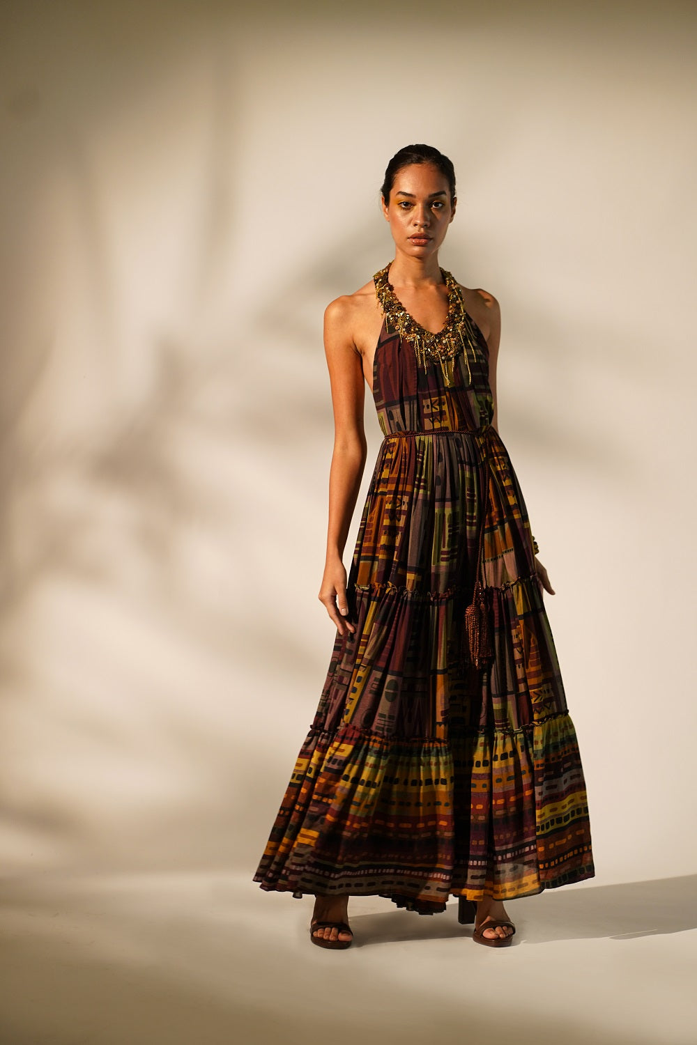 Stylish Multicolor Abstract Print Maxi Dress with Hand Baroque Metallic Embellishment - Perfect for Evening Parties, Weddings & Special Occasions