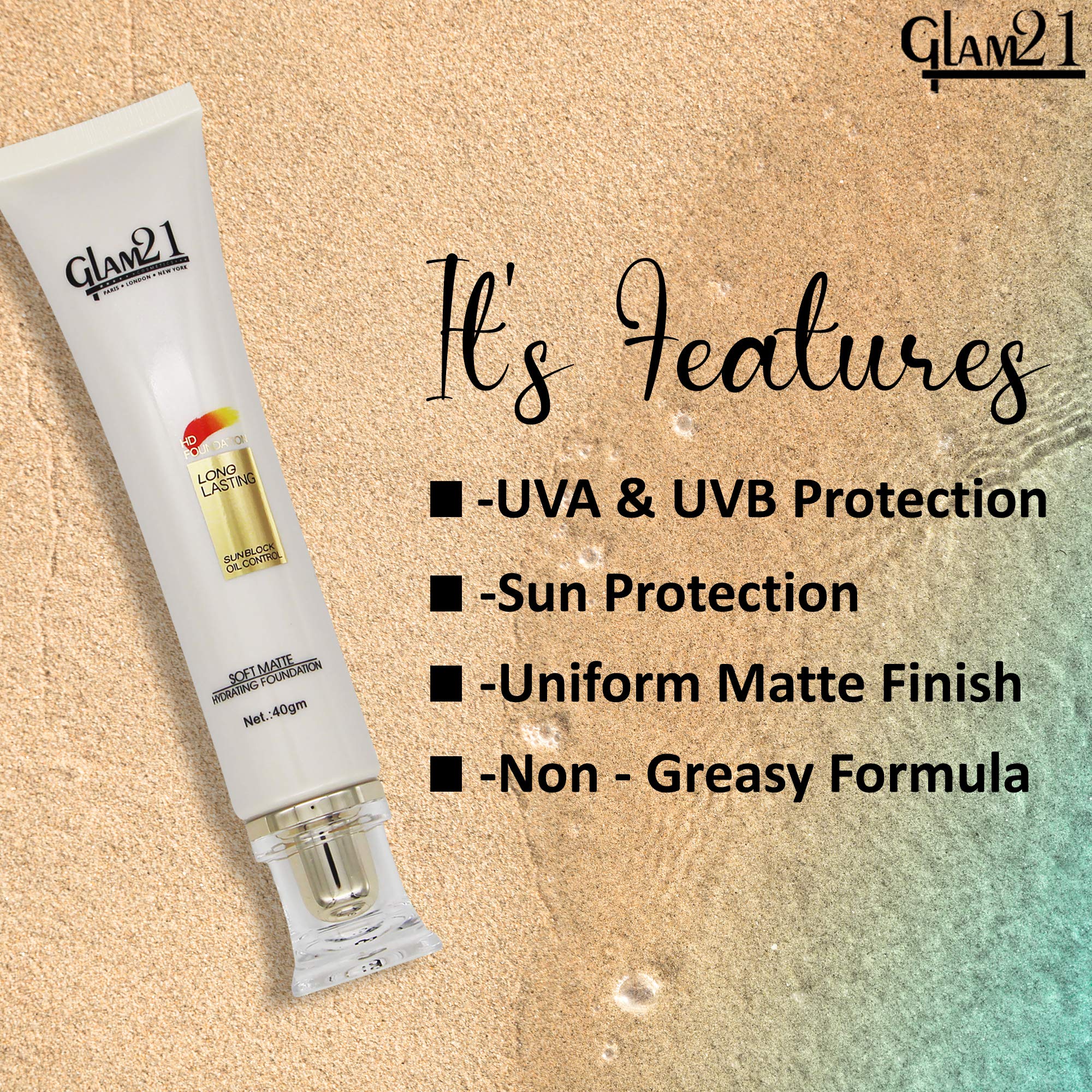 Glam 21 HD Sunblock Foundation SPF 30 | Oil-Control, Non-Greasy, Long-Lasting Matte Makeup with Soft Finish - 40g Shade 02 | Perfect for Daily Wear & Outdoor Activities