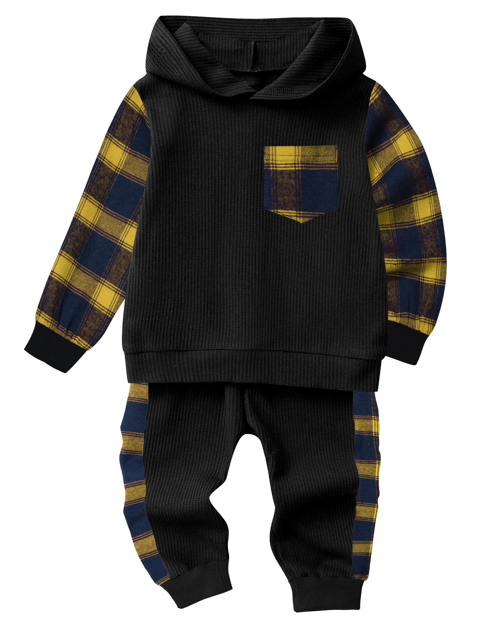 Boys' Waffle Plaid Hoodie & Patchwork Casual Pants 2-Piece Set with Pockets | Warm Toddler Winter Outfits for Playdates & Outdoor Adventures