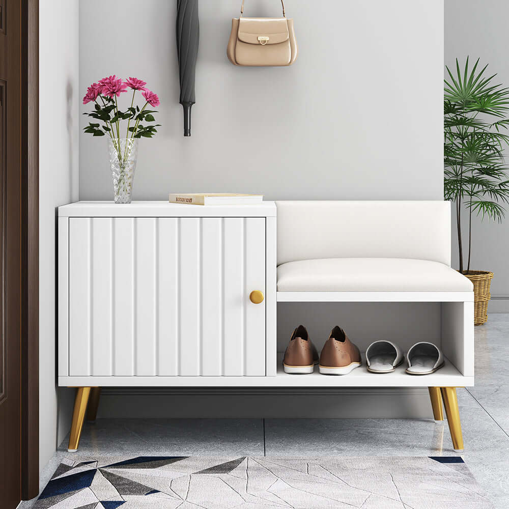 Modern White Upholstered Shoe Storage Bench with Cabinet & Shelf - Entryway Organizer for Hallway, Bedroom or Mudroom - Space Saving Shoe Rack with Seat
