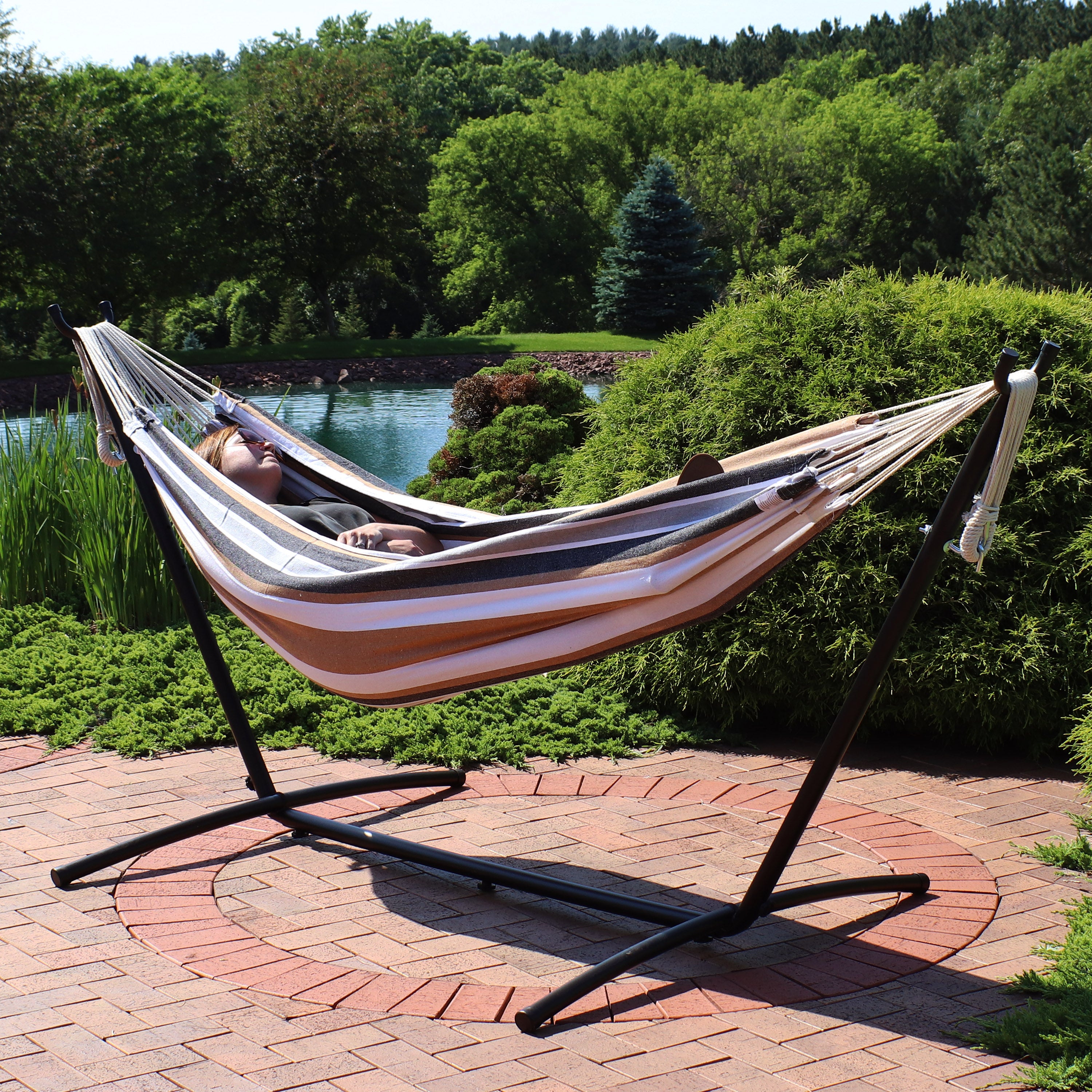 Premium Brazilian Double Hammock with Stand & Carry Bag - Heavy Duty 450lb Capacity - Outdoor Patio, Backyard, Beach & Camping Accessories for Relaxation