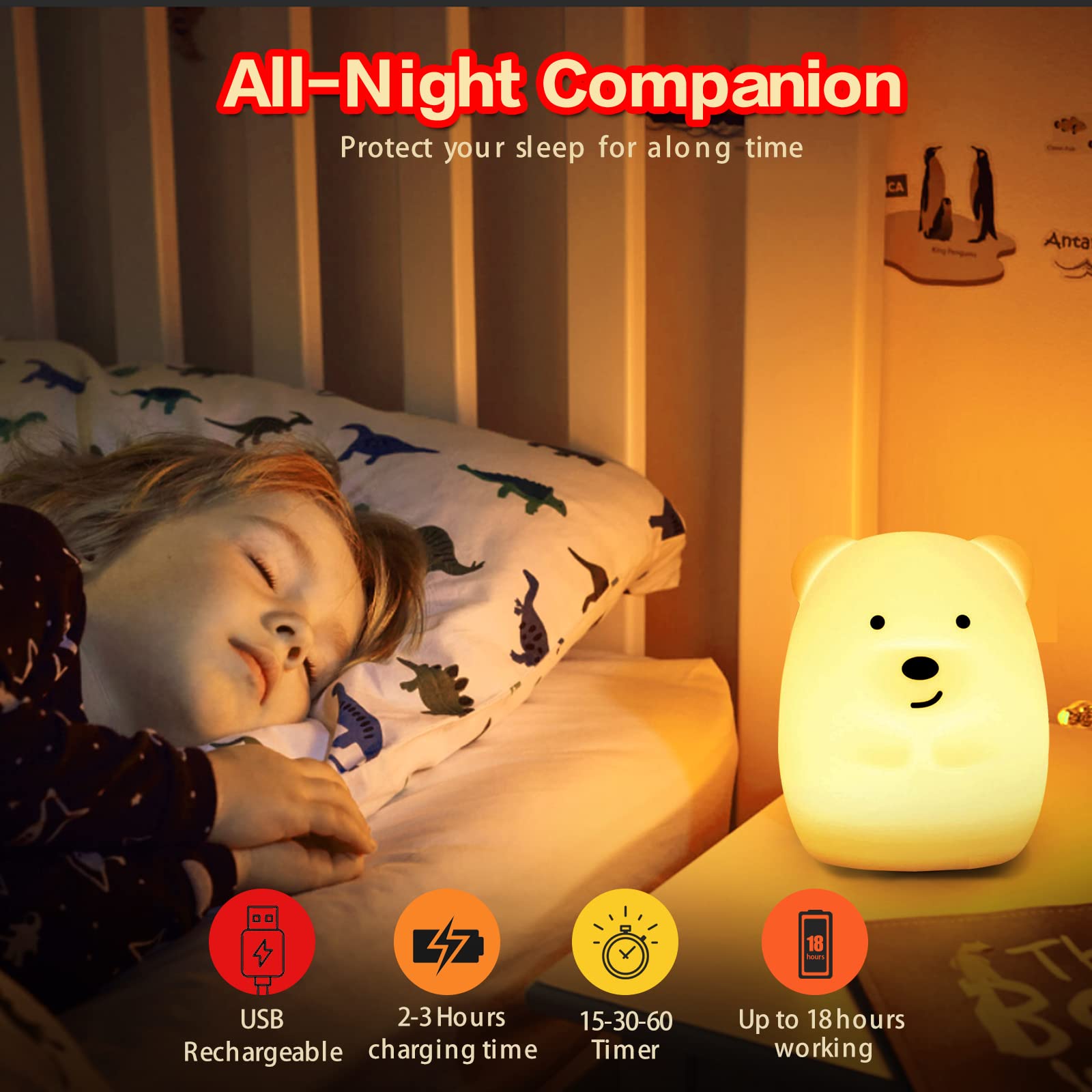 Medium Bear Night Light - 9 Color Changing, USB Rechargeable, Touch Control for Kids & Adults - Perfect for Bedrooms & Nurseries