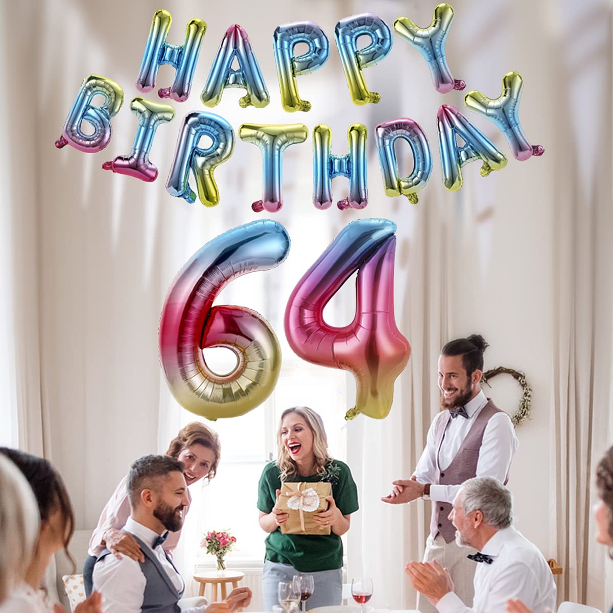 Happy Birthday 64th Banner & Balloons Set - 40 Inch Rainbow Gradient Foil Number Decorations for Men & Women - Perfect for 64th Birthday Parties, Anniversaries & Milestone Celebrations