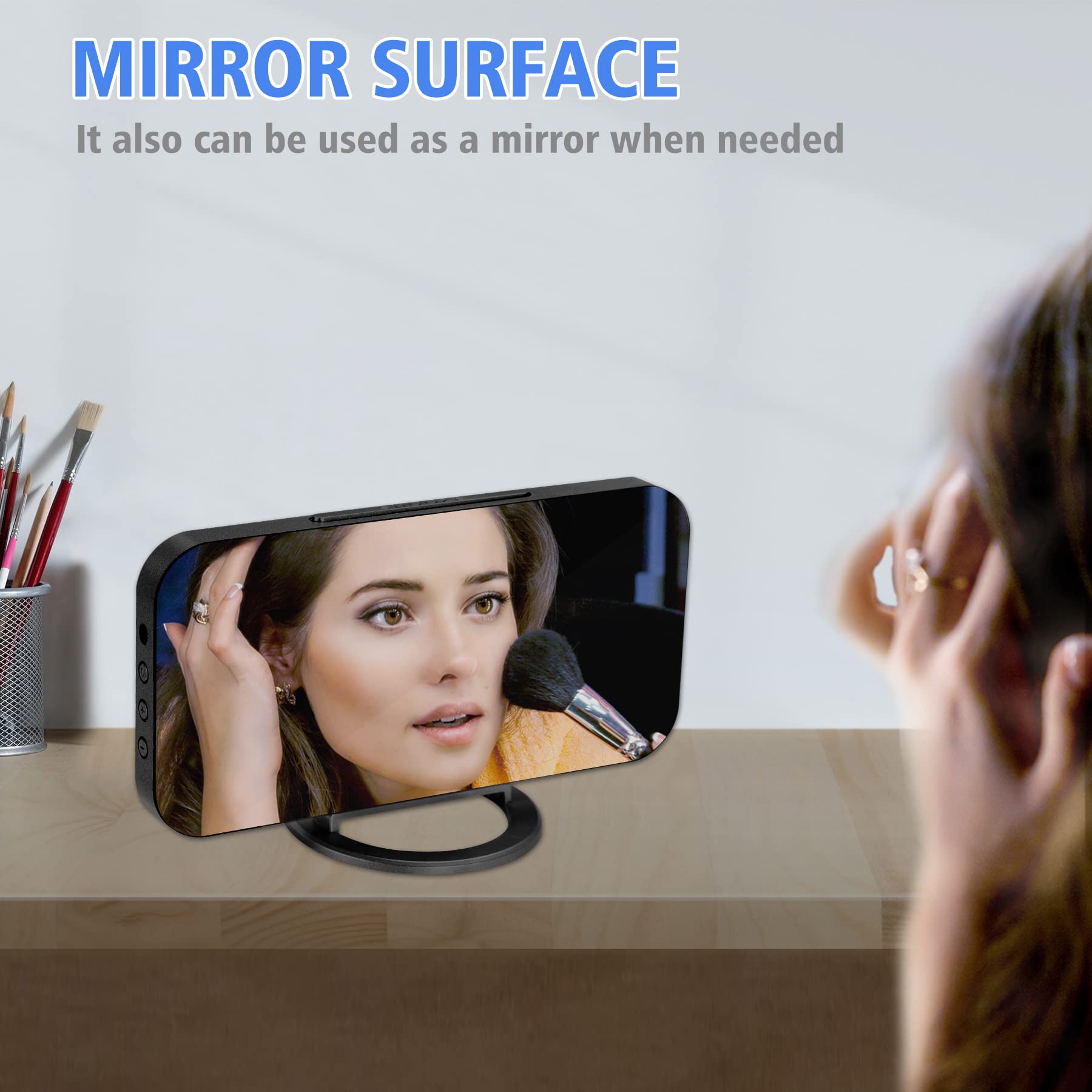 YGdigital 6.5 Inch LED Mirror Digital Alarm Clock with USB Charging Ports - Adjustable Brightness, Snooze Function, 12/24H Display for Bedroom, Home & Office Use (Black) | Perfect Nightstand Clock with Charging Station for Phones & Tablets