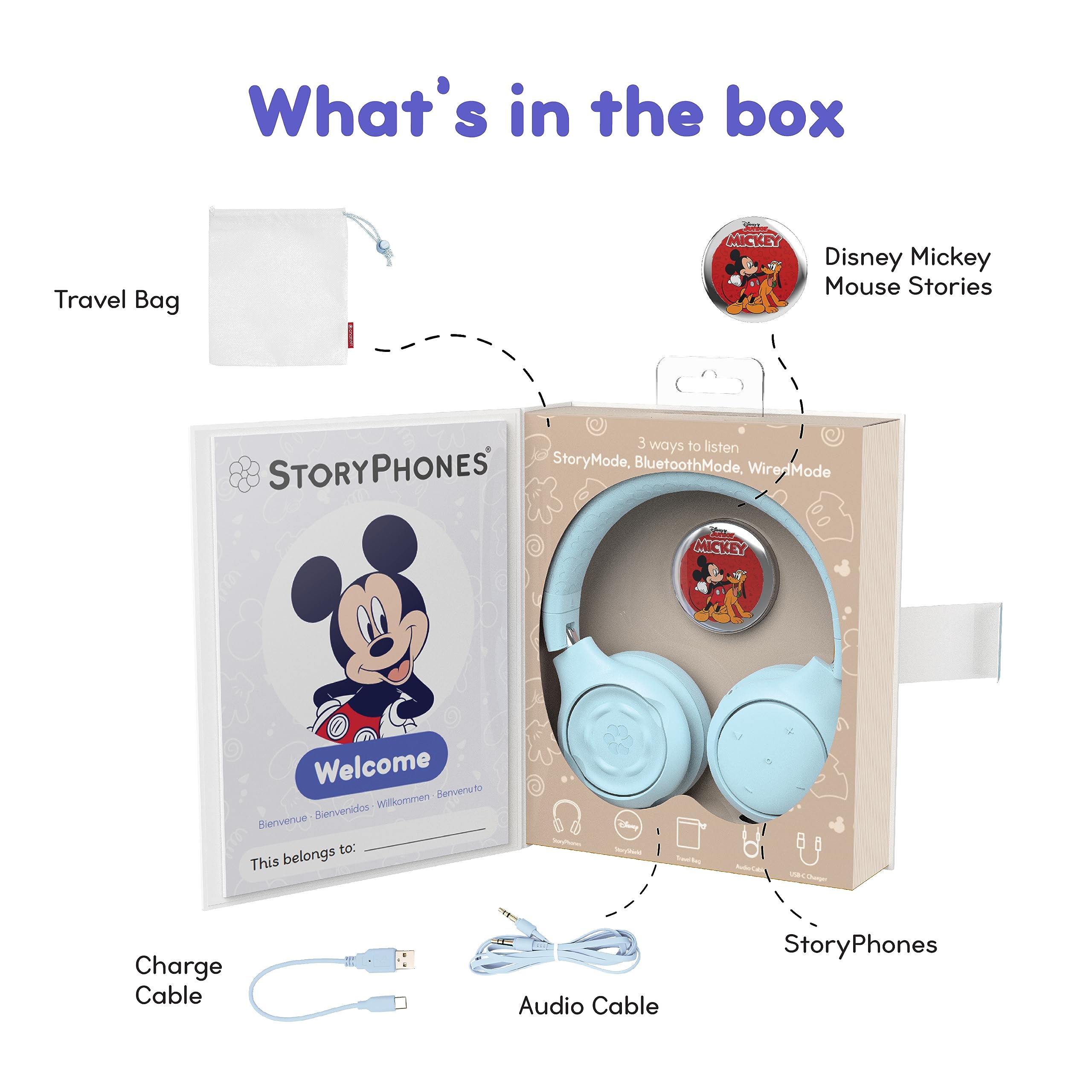 Disney StoryPhones - Foldable Bluetooth Kids Headphones with Mickey Mouse Story Disk | Wireless Learning Headset for Travel, Screen-Free Entertainment & Music | Perfect Gift for Boys & Girls (Light Blue) by Onanoff