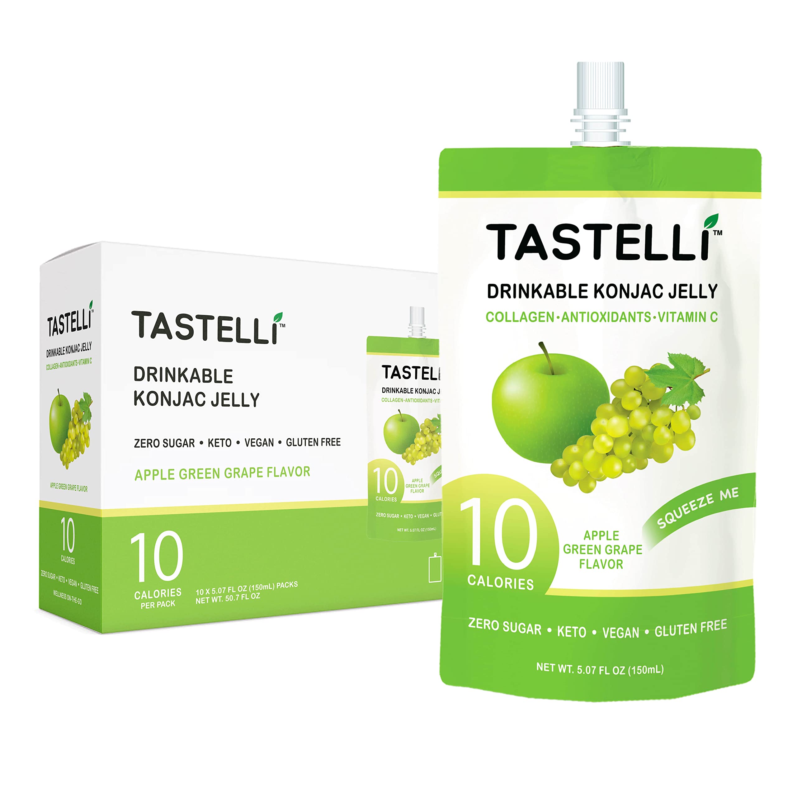 Collagen Konjac Jelly Drink with Vitamin C & Antioxidants - 10 Calories, Vegan, Zero Sugar, Healthy Drinkable Dessert (Apple & Green Grape Flavor) - 150mL x 10 Pouches | Perfect for Weight Loss, Snacking & On-the-Go Energy Boost