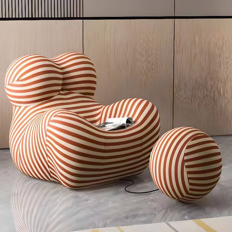 Stylish Striped & Solid Color Armchair with Cushion & Fixed Back - Burgundy, Mustard & Blue Upholstered Living Room Chair with Armrests & Matching Ottoman | Perfect for Home Office, Lounge & Reading Nook