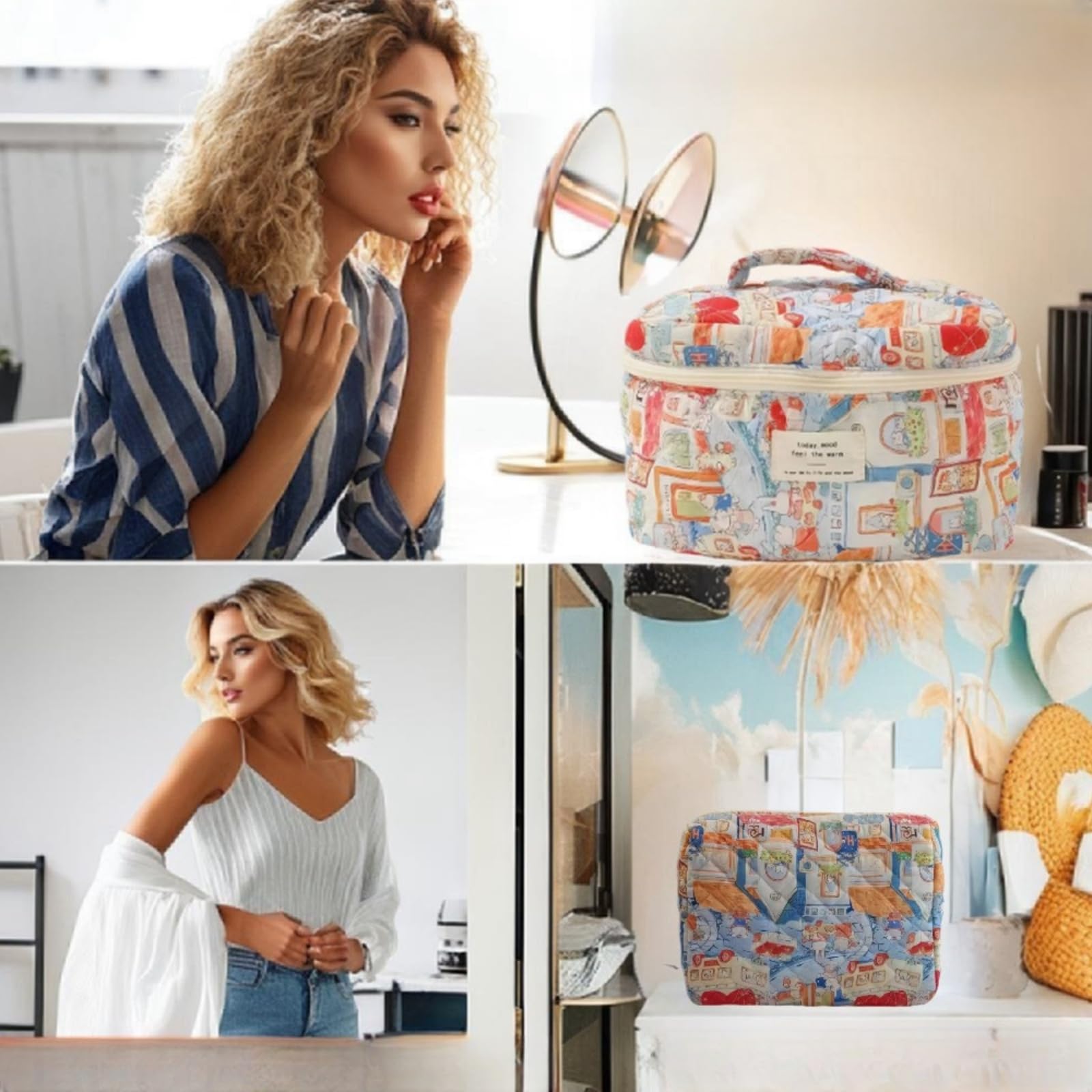 Coastal Floral Quilted Makeup Bag Set of 4 - Cute Cotton Cosmetic Organizer with Coquette Flowers Design for Women (Bear Print) - Perfect for Travel, Beach Trips & Daily Beauty Essentials Storage