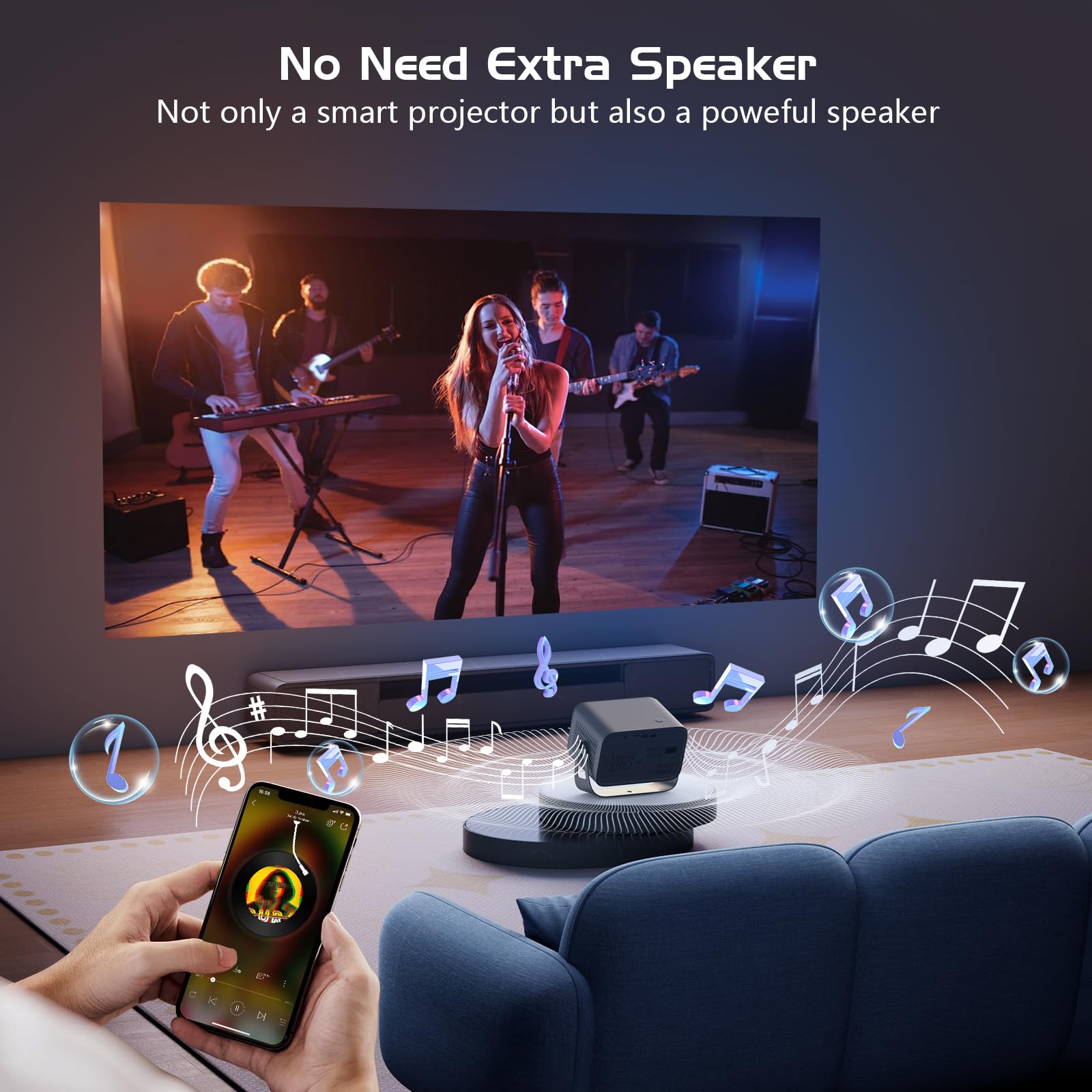 Auto Focus & Electric Focus Native 1080P WiFi 6 Projector with 360° Rotating Stand - Bluetooth 5.3 Portable Mini Projector with 6D Keystone for Home Theater, Gaming (PS5), Streaming (TV Stick), HDMI & Phone Connectivity - Perfect for Movie Nights & Presentations