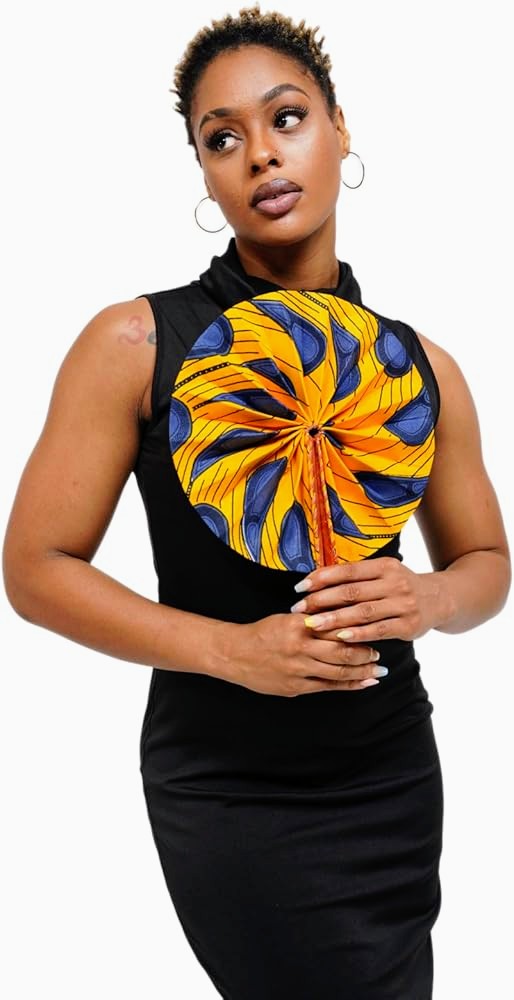 Dupsie's Khanita Foldable African Print Ankara Fan - Orange & Blue Peacock Pattern (DPPF3816) | Handheld Cooling Fan for Outdoor Events, Weddings & Cultural Celebrations