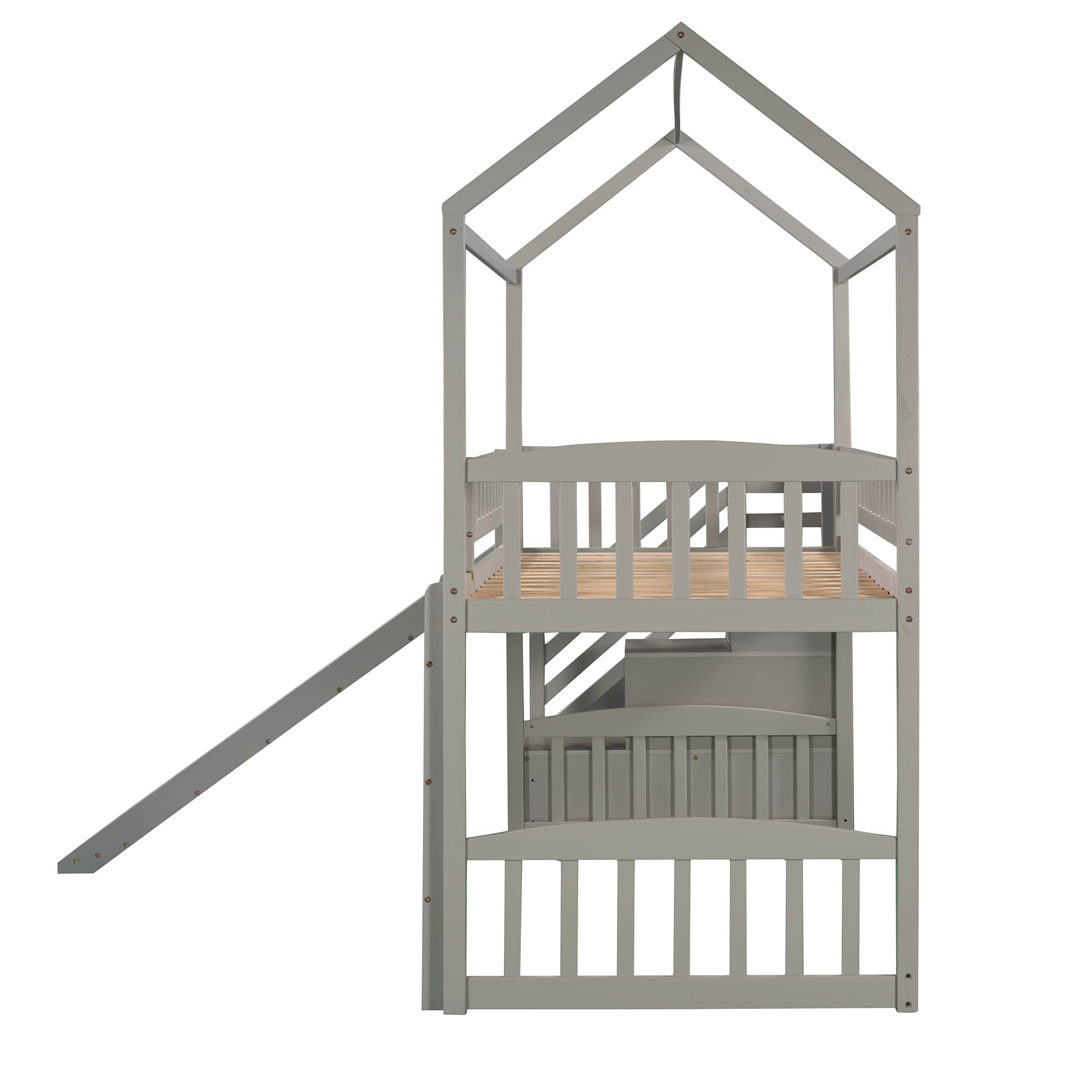 Wooden Twin Loft Bed with Stairs and Slide - Kids Playhouse Bed with Storage Drawers for Boys & Girls - No Box Spring Needed (Twin Size, Gray) - Perfect for Small Bedrooms, Playrooms & Kids' Sleepovers