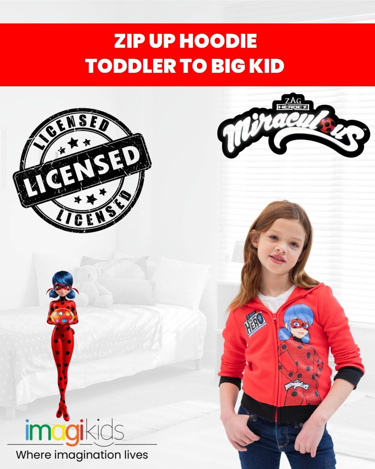 Miraculous Ladybug Girls Zip Up Hoodie - Toddler to Big Kid Sizes | Cute & Comfortable Outerwear for Playdates, School & Everyday Wear
