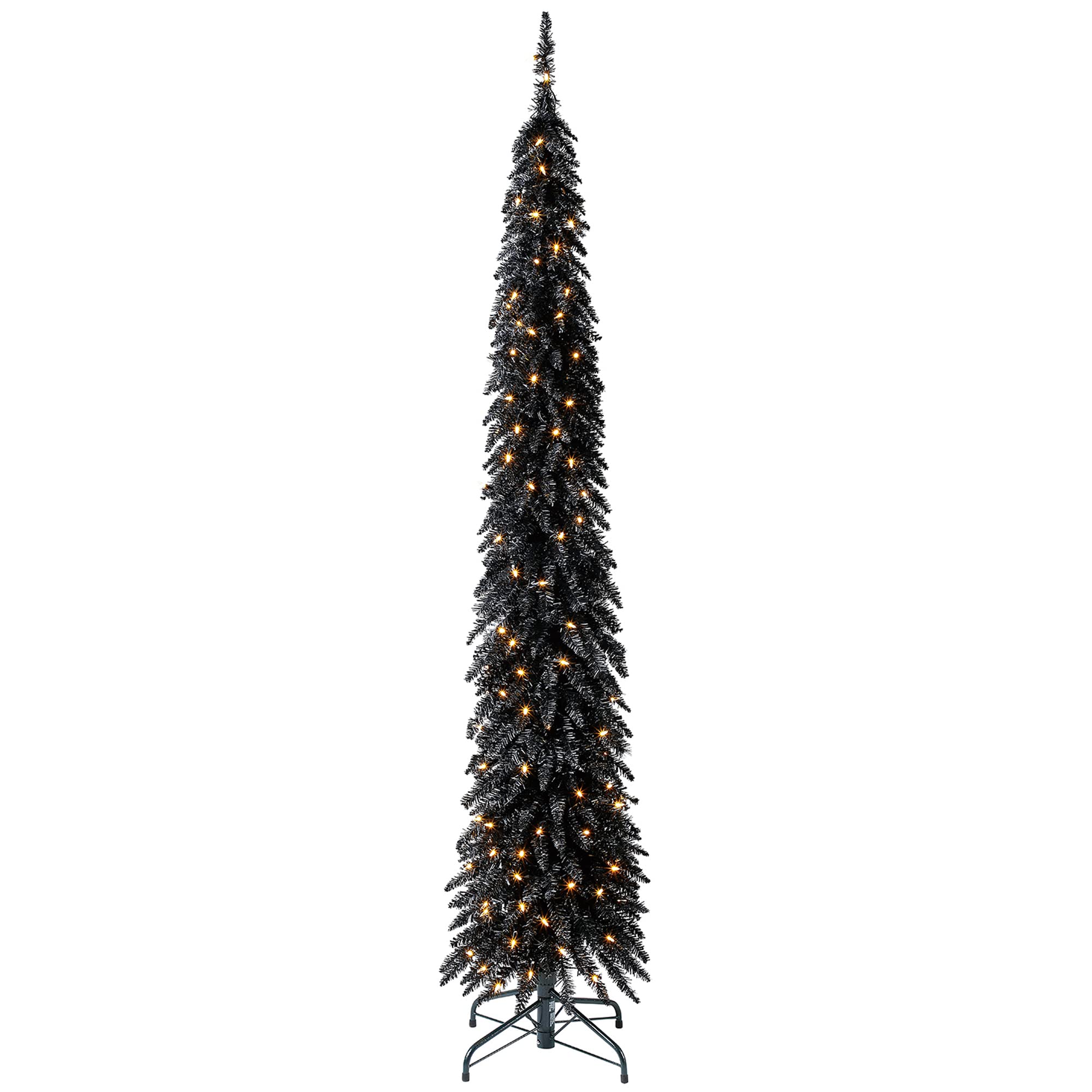 7ft Pre-Lit Skinny Pencil Artificial Christmas Tree with 150 Warm White LED Lights & Stand - Black Holiday Decor for Small Spaces, Apartments & Office Decorations
