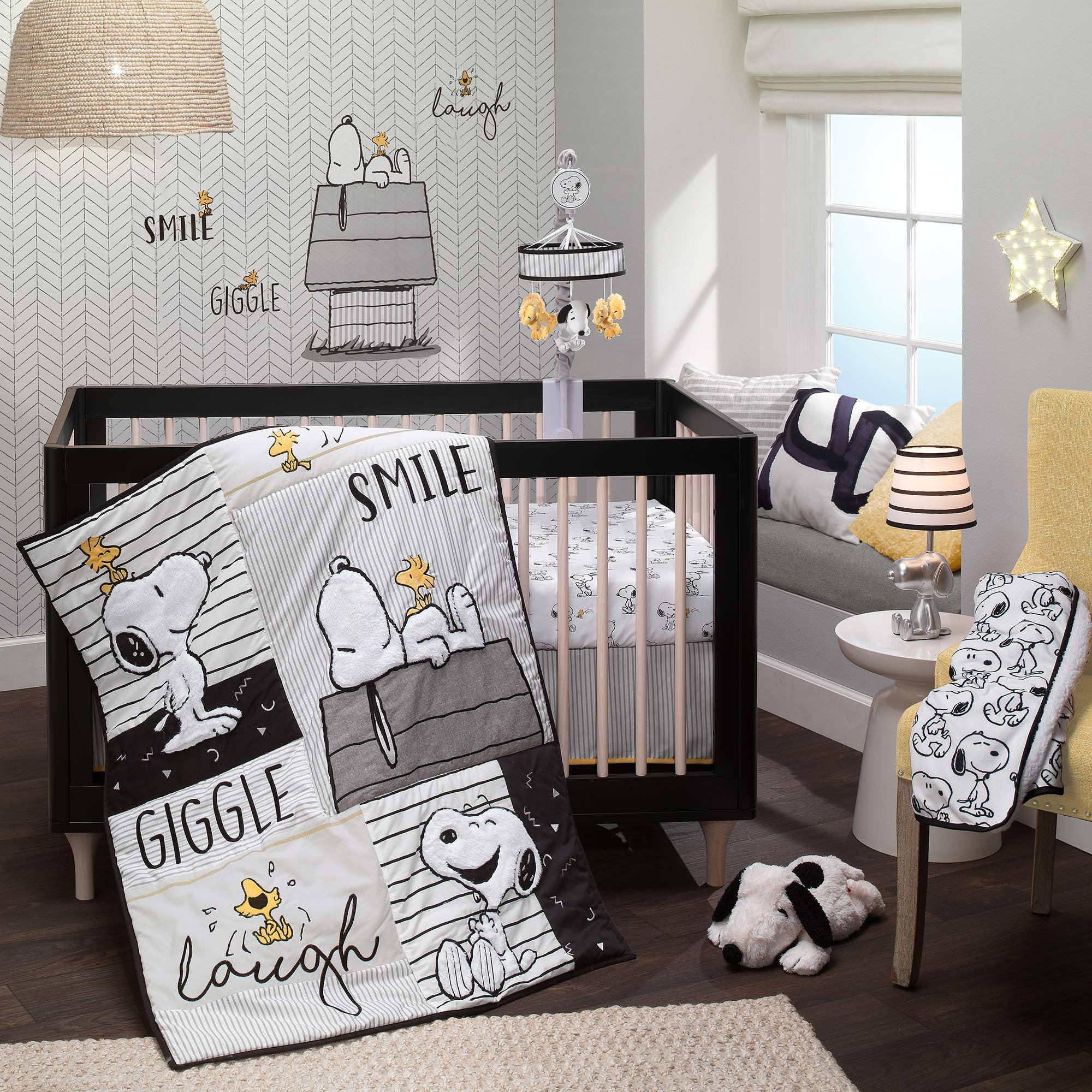 Lambs & Ivy Classic Snoopy 3-Piece Baby Crib Bedding Set - White, Black & Gray - Soft Nursery Bedding for Boys & Girls - Perfect for Baby Showers & Newborn Gifts