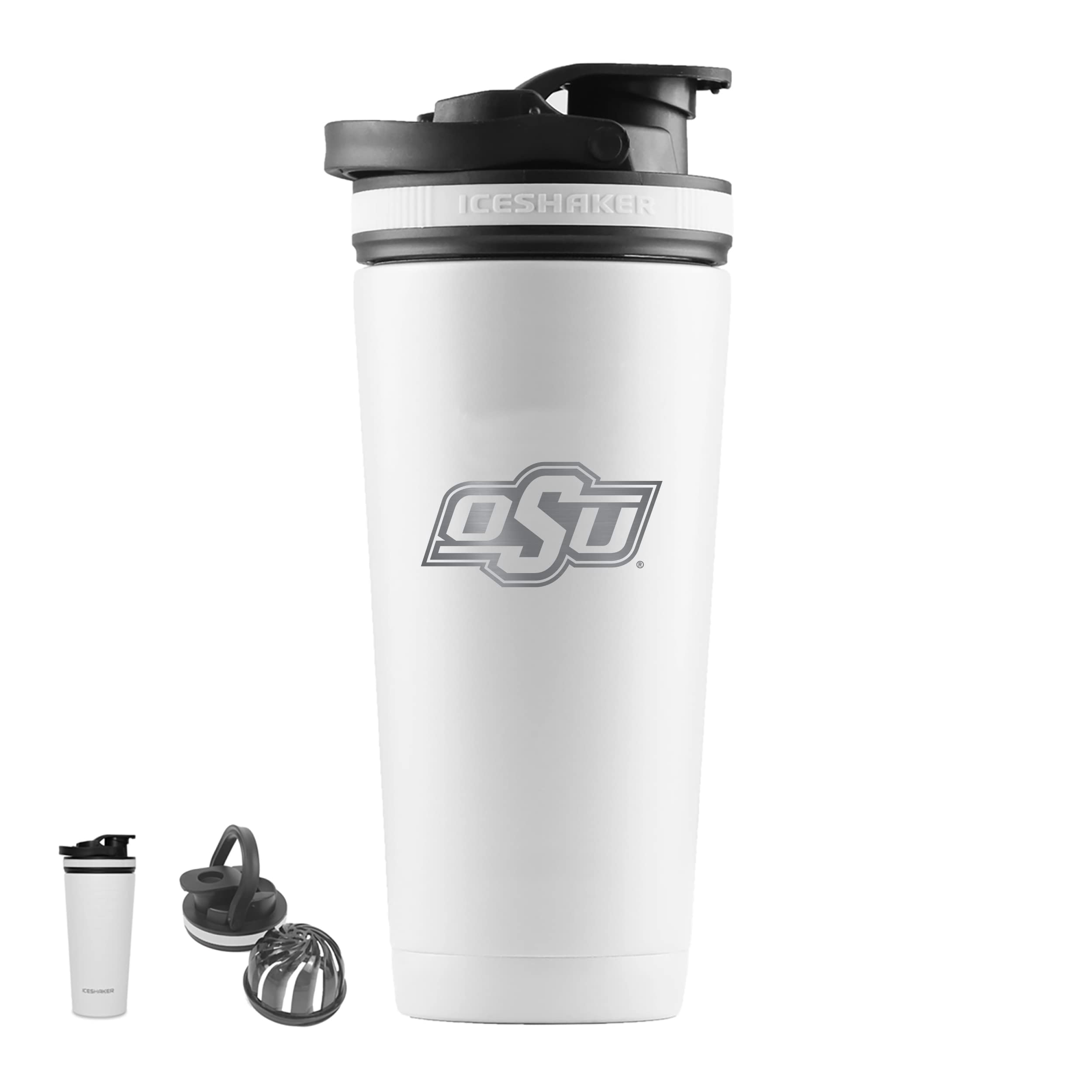 NCAA 26oz Insulated Tumbler with Etched School Logo - White Frosted Stainless Steel Fan Shaker Cup - Perfect for Game Day, Gym & Office Use