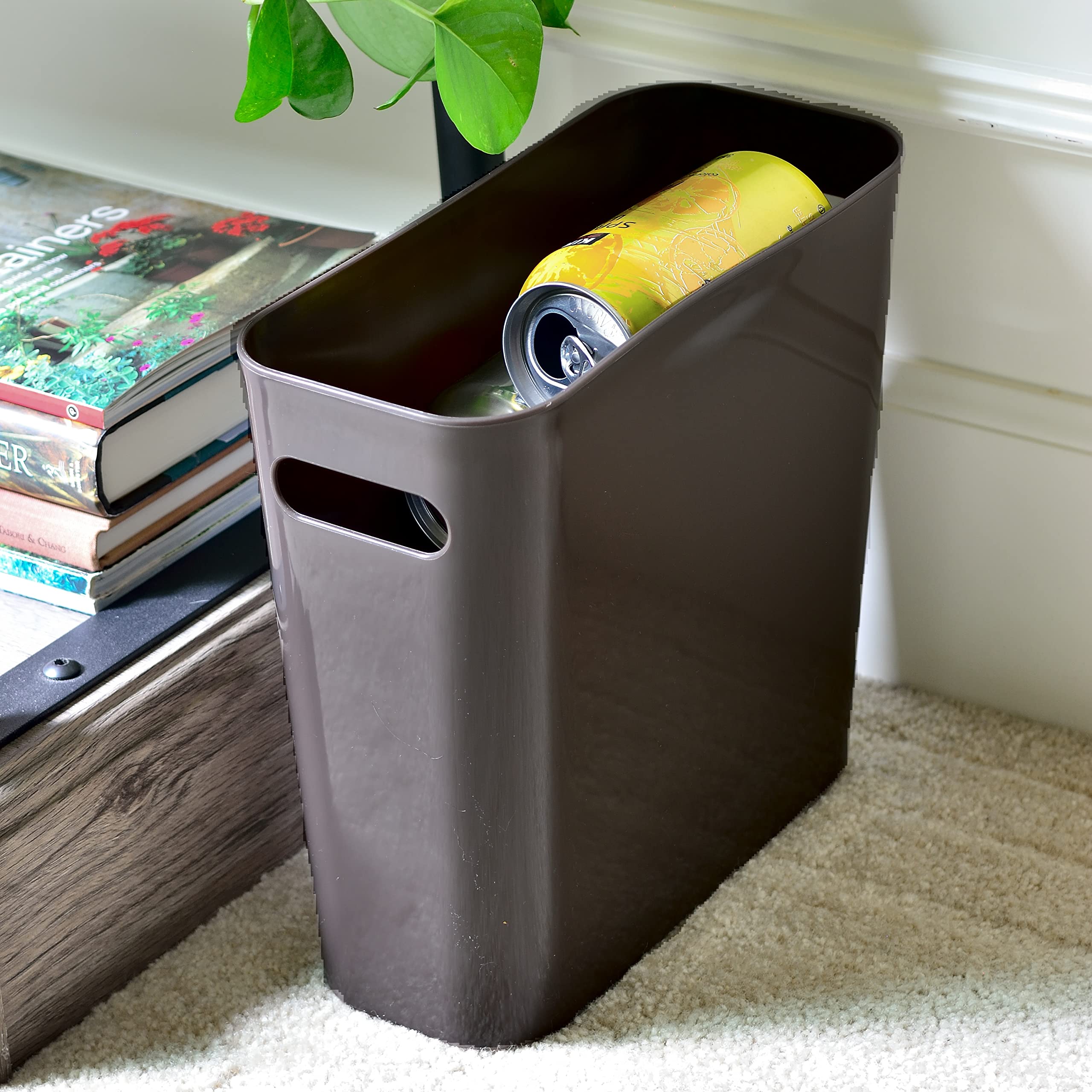 Youngever 1.5 Gallon Slim Plastic Trash Can with Handles - Small Garbage Bin for Home, Office, Kitchen, Bathroom & Living Room - Space Saving Waste Basket (2 Pack, Brown) | Perfect for Small Spaces, Dorm Rooms, Under Desk & Tight Corners