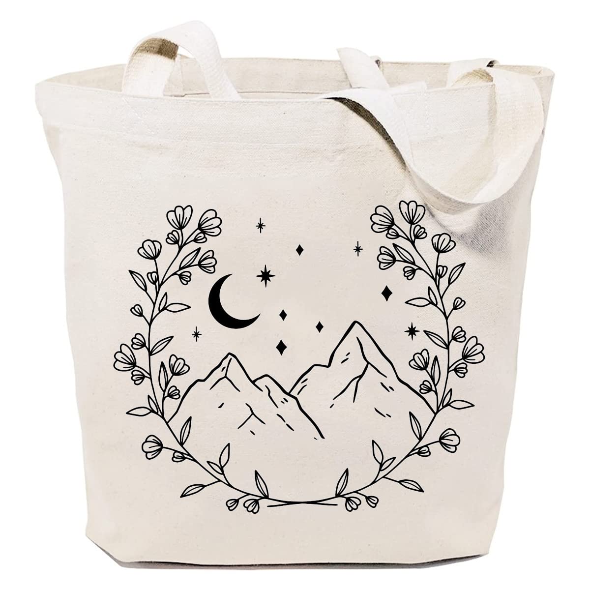 SAUIVD Cotton Canvas Tote Bag with Mountain Moon Flowers Design - Reusable Grocery Shopping Bag for Women, Eco-Friendly Market Tote for Beach, Picnic, Work & Daily Use