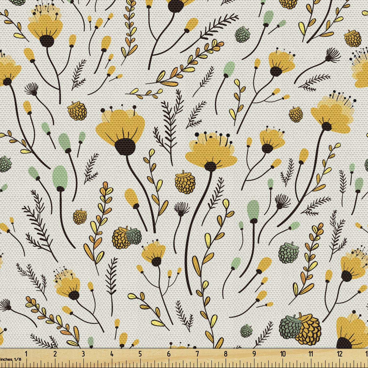 Ambesonne Cartoon Fabric by The Yard - Yellow Floral Acorn Foliage Pattern Eco-Friendly Upholstery Fabric for Sofa, Curtains, Pillows & Home Decor (Yellow, Sea Green, Black) - Perfect for Spring Home Makeover & DIY Craft Projects