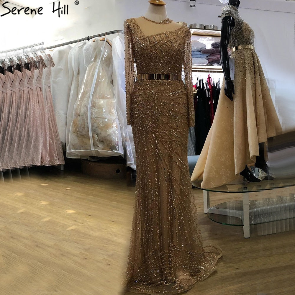 Luxury Muslim Gold Mermaid Evening Dresses 2025 - Elegant Beaded Gowns with Sashes for Women - Perfect for Weddings, Galas & Formal Parties