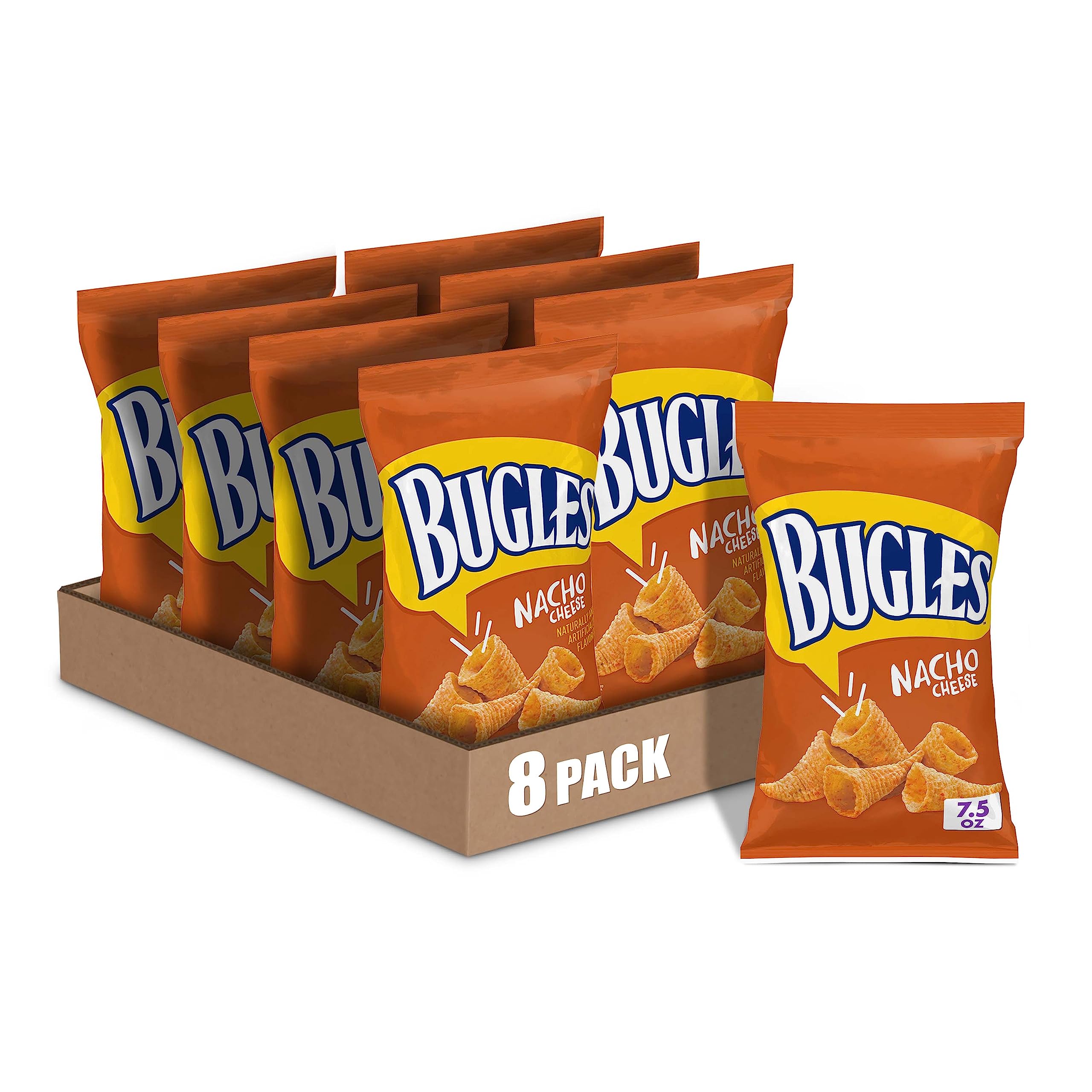 Bugles Nacho Cheese Corn Snacks - 7.5 oz Pack of 8 - Crunchy Party Snacks for Movie Nights, Road Trips & Game Day Gatherings