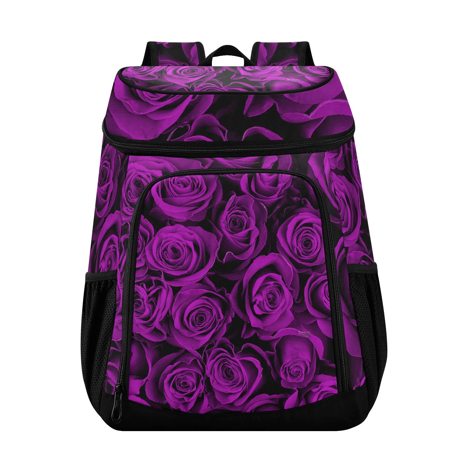 Seamless Purple Rose Flowers Insulated Cooler Backpack - Leak Proof, Reusable Lunch Bag for Camping, Picnic, Hiking, Beach, and Outdoor Adventures - Perfect for Women & Men
