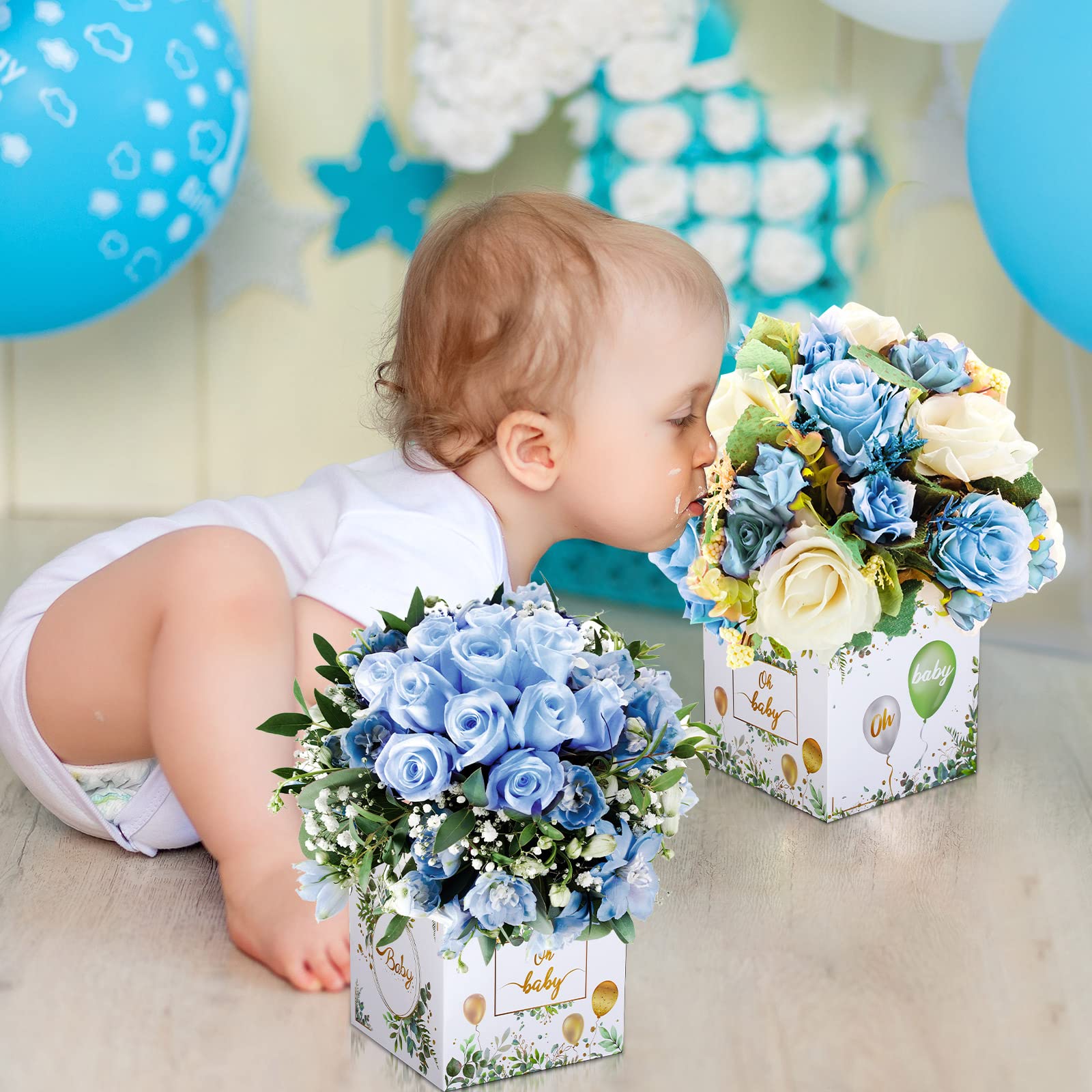 Floral Baby Shower Centerpieces - 6 Pcs Greenery Flower Boxes for Table Display, Gender Reveal Party Decorations (Girls/Boys/Birthday) - Perfect for Baby Showers, Bridal Showers & Wedding Decor